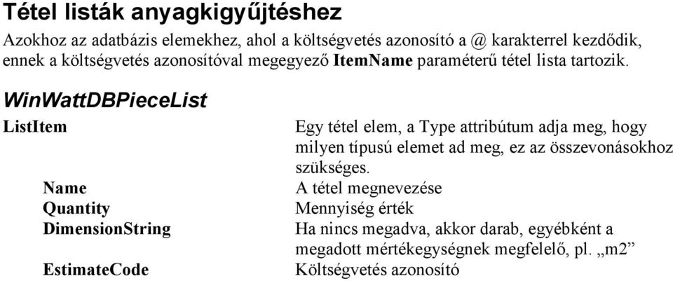 WinWattDBPieceList ListItem Name Quantity DimensionString Egy tétel elem, a Type attribútum adja meg, hogy milyen típusú
