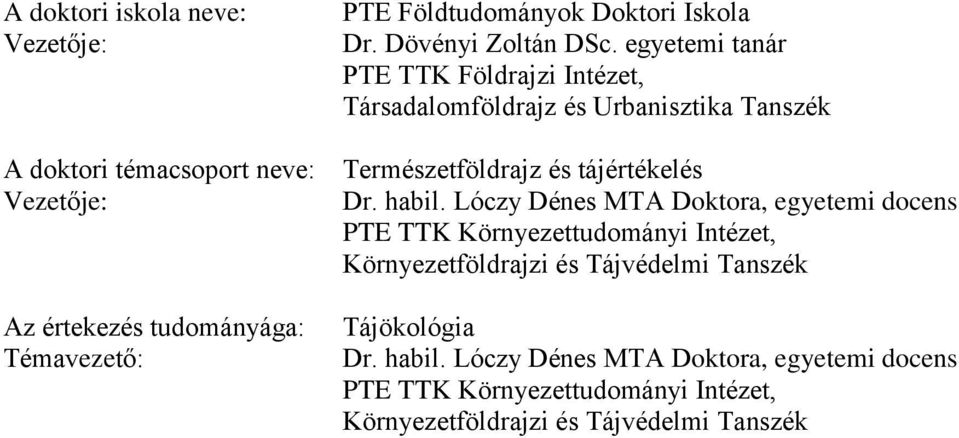 tájértékelés Vezetője: Dr. habil.