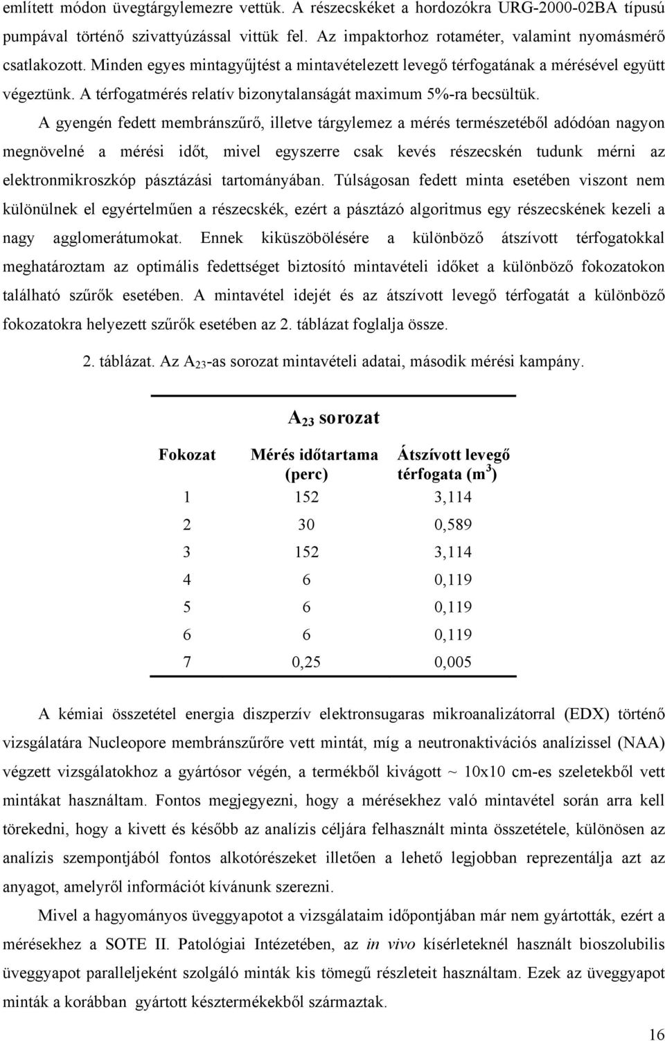 A gyengén fedett membránszűrő, illete tárgylemez a mérés természetéből adódóan nagyon megnöelné a mérési időt, miel egyszerre csak keés részecskén tudunk mérni az elektronmikroszkóp pásztázási