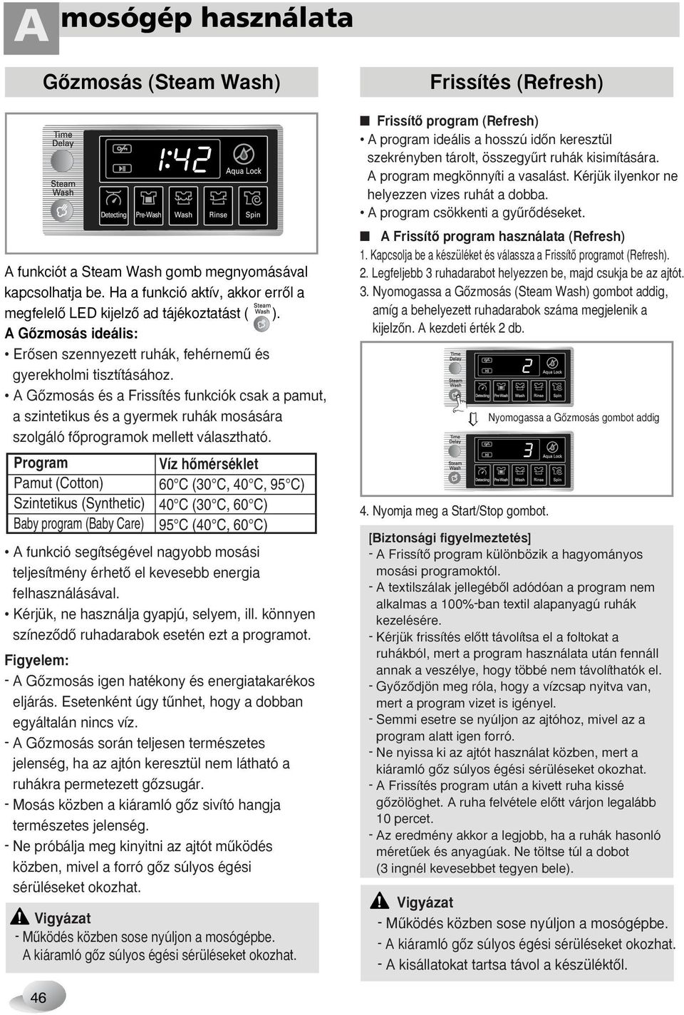 A GŒzmosás és a Frissítés funkciók csak a pamut, a szintetikus és a gyermek ruhák mosására szolgáló fœprogramok mellett választható.