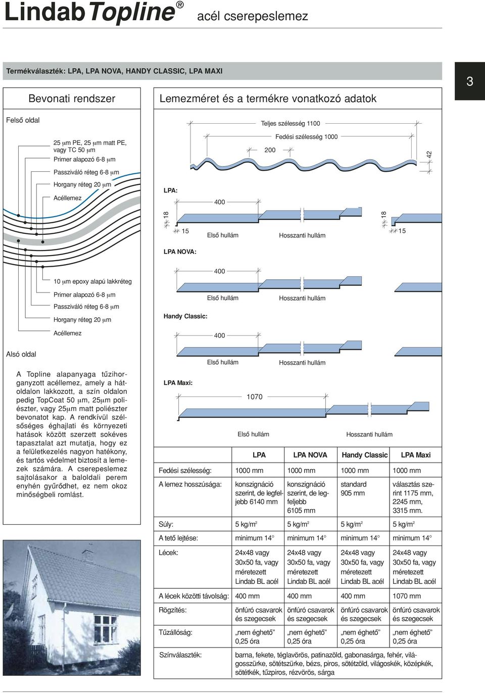 6-8 µm Pssziváló réteg 6-8 µm Horgny réteg 0 µm Aéllemez 400 Elsô hullám Hndy Clssi: 400 Hossznti hullám Alsó oldl A Topline lpnyg tûzihorgnyzott éllemez, mely hátoldlon lkkozott, szín oldlon pedig