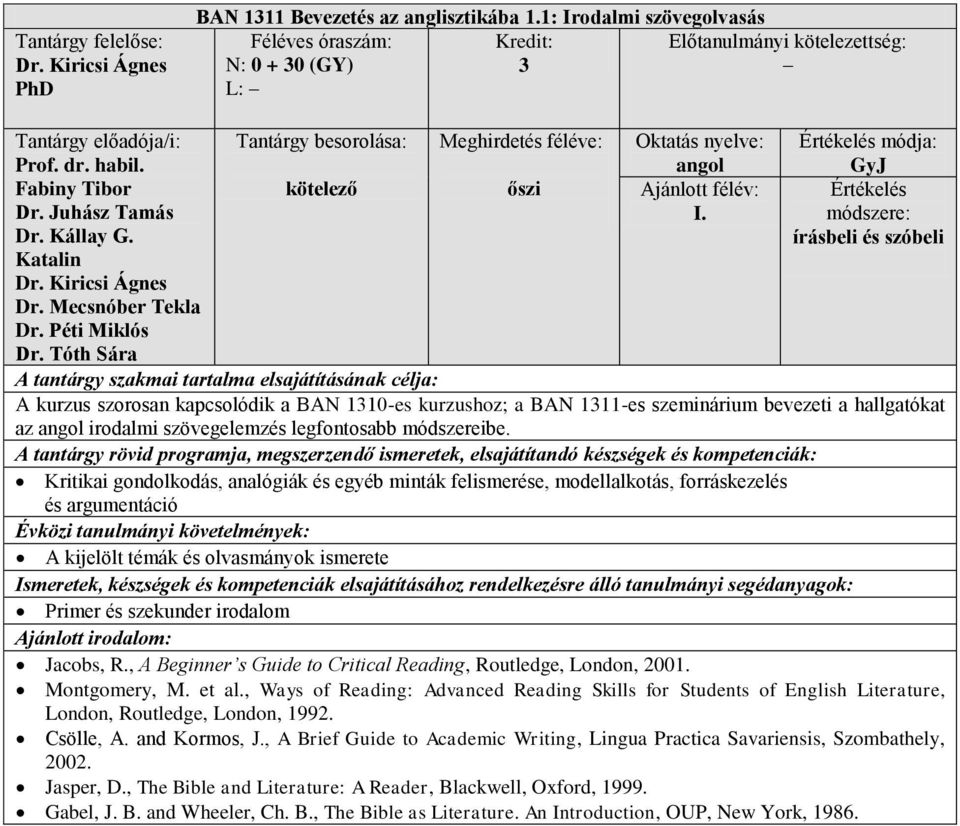 Értékelés módszere: írásbeli és szóbeli A kurzus szorosan kapcsolódik a BAN 110-es kurzushoz; a BAN 111-es szeminárium bevezeti a hallgatókat az irodalmi szövegelemzés legfontosabb módszereibe.