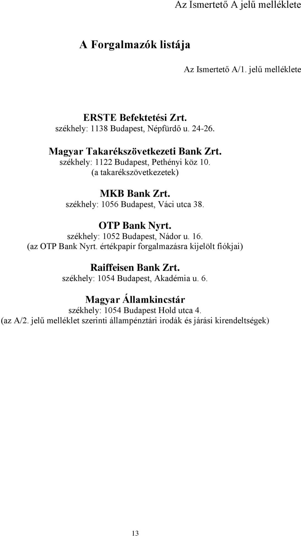 OTP Bank Nyrt. székhely: 1052 Budapest, Nádor u. 16. (az OTP Bank Nyrt. értékpapír forgalmazásra kijelölt fiókjai) Raiffeisen Bank Zrt.