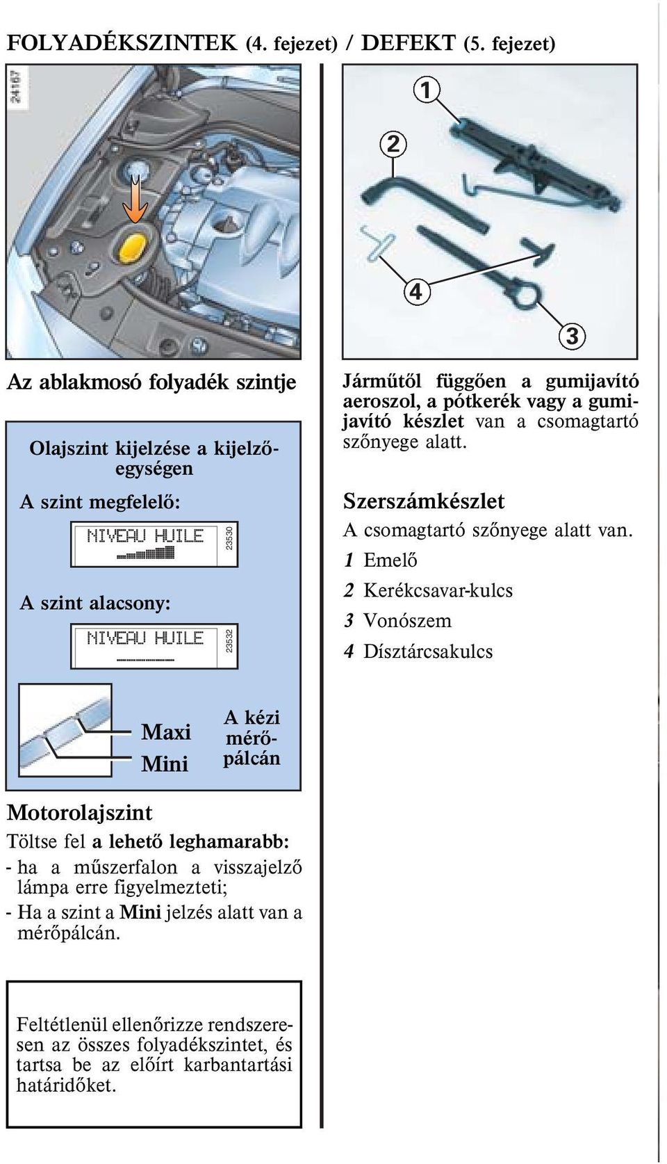 aeroszol, a pótkerék vagy a gumijavító készlet van a csomagtartó szõnyege alatt. Szerszámkészlet A csomagtartó szõnyege alatt van.