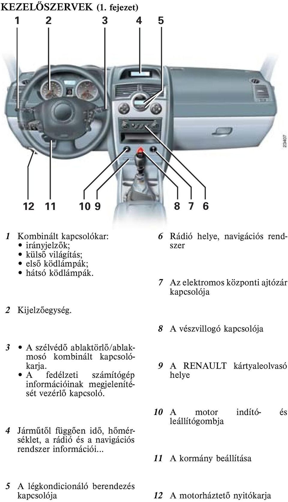 8 A vészvillogó kapcsolója 3 A szélvédõ ablaktörlõ/ablakmosó kombinált kapcsolókarja. A fedélzeti számítógép információinak megjelenítését vezérlõ kapcsoló.