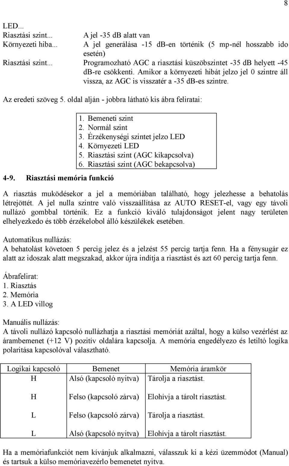 Az eredeti szöveg 5. oldal alján - jobbra látható kis ábra feliratai: 4-9. Riasztási memória funkció 1. Bemeneti szint 2. Normál szint 3. Érzékenységi szintet jelzo LED 4. Környezeti LED 5.