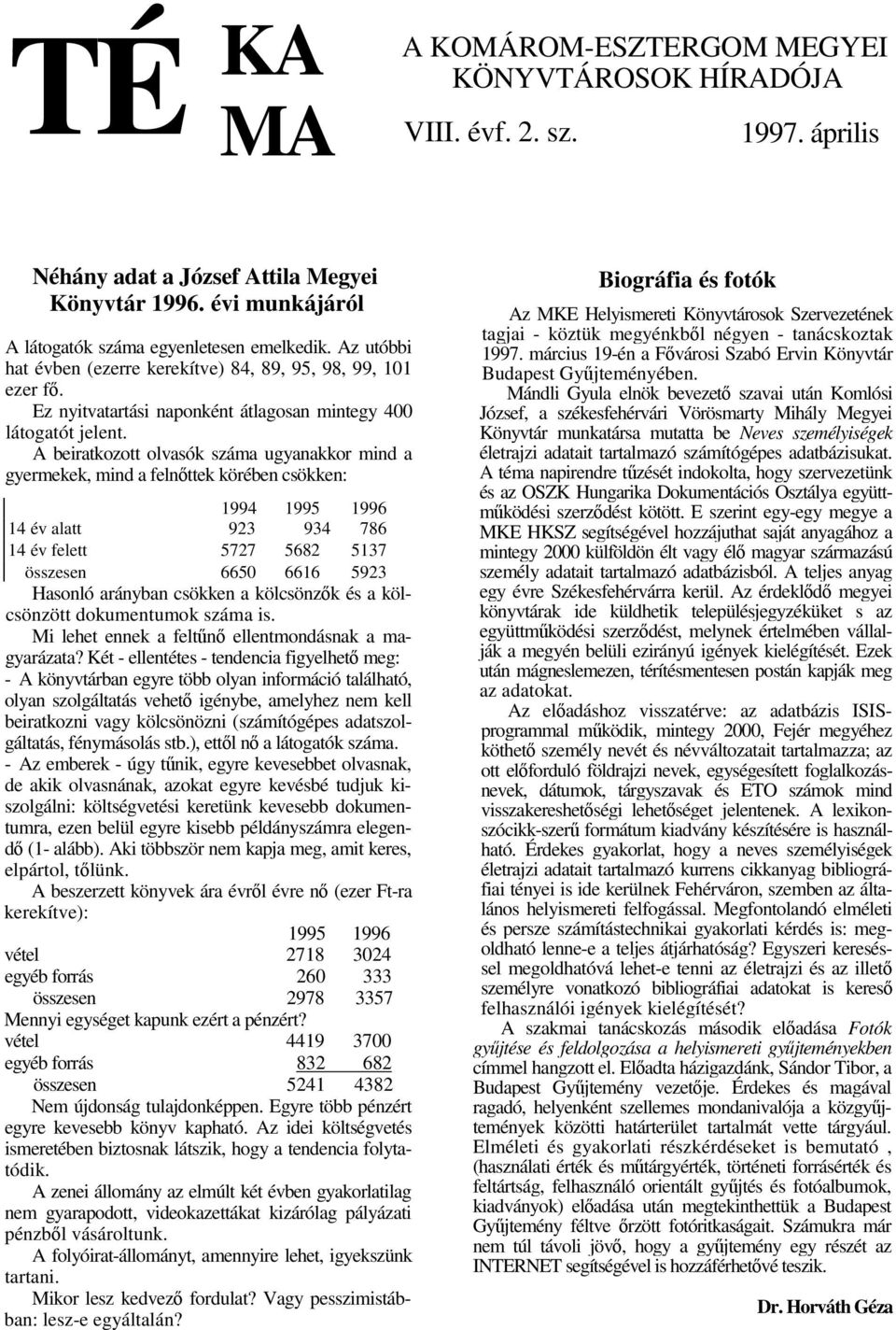 A beiratkozott olvasók száma ugyanakkor mind a gyermekek, mind a felnttek körében csökken: 1994 1995 1996 14 év alatt 923 934 786 14 év felett 5727 5682 5137 összesen 6650 6616 5923 Hasonló arányban