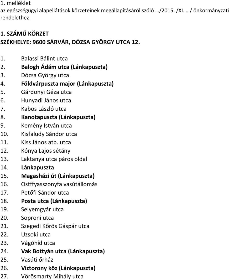 Kemény István utca 10. Kisfaludy Sándor utca 11. Kiss János atb. utca 12. Kónya Lajos sétány 13. Laktanya utca páros oldal 14. Lánkapuszta 15. Magasházi út (Lánkapuszta) 16.