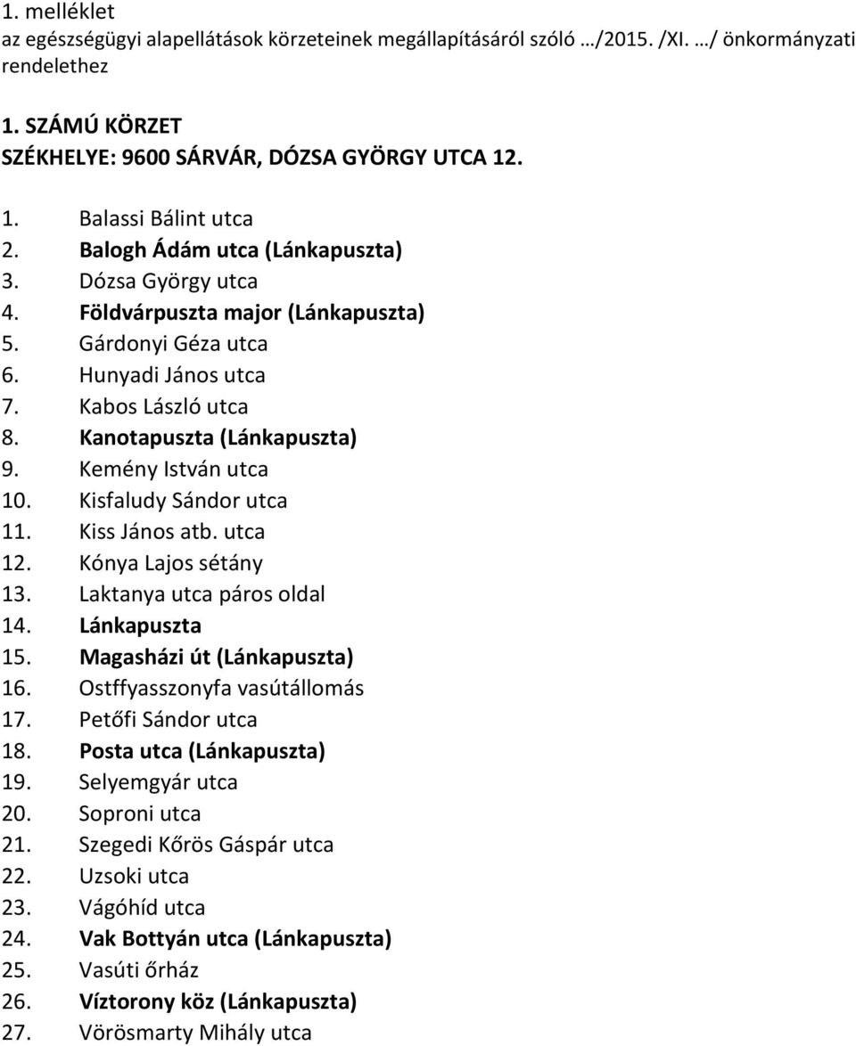 Kemény István utca 10. Kisfaludy Sándor utca 11. Kiss János atb. utca 12. Kónya Lajos sétány 13. Laktanya utca páros oldal 14. Lánkapuszta 15. Magasházi út (Lánkapuszta) 16.