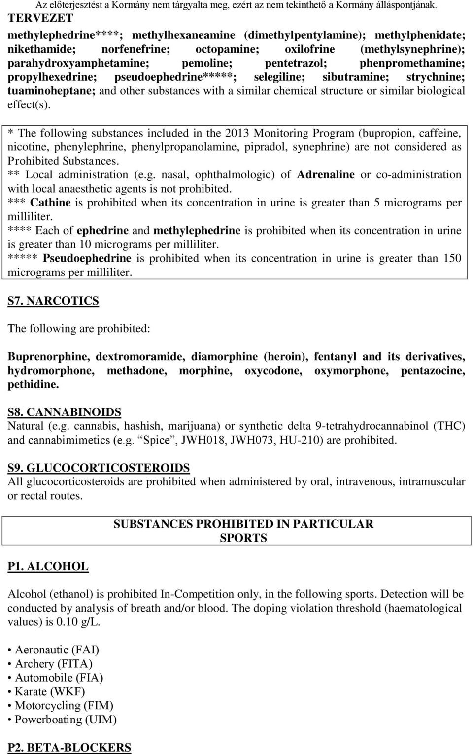 * The following substances included in the 2013 Monitoring Program (bupropion, caffeine, nicotine, phenylephrine, phenylpropanolamine, pipradol, synephrine) are not considered as Prohibited