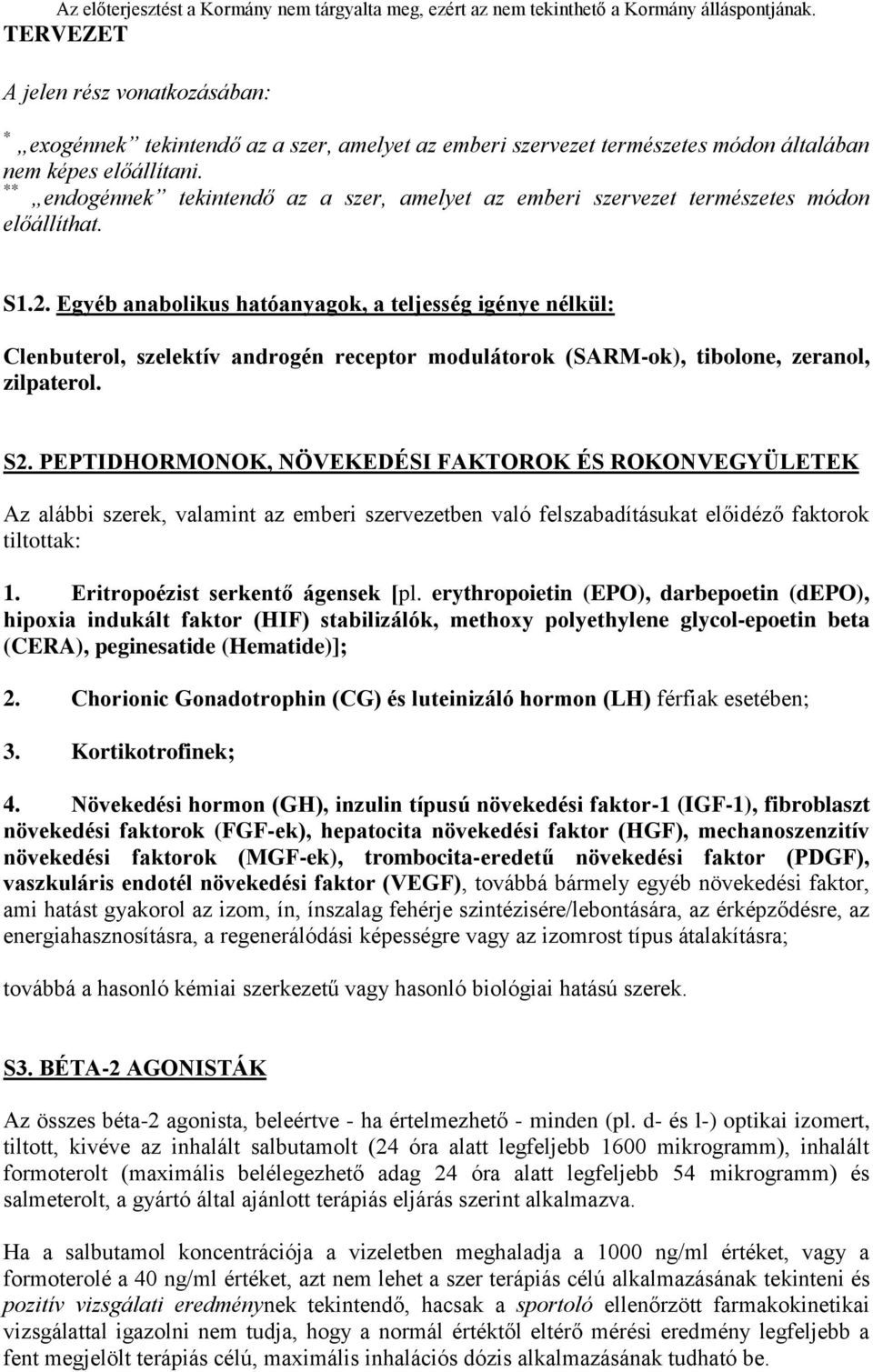 Egyéb anabolikus hatóanyagok, a teljesség igénye nélkül: Clenbuterol, szelektív androgén receptor modulátorok (SARM-ok), tibolone, zeranol, zilpaterol. S2.