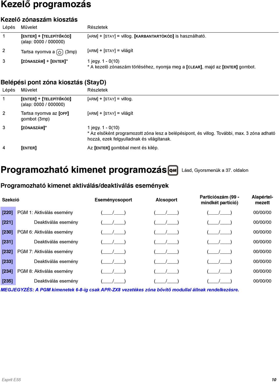 Belépési pont zóna kiosztás (StayD) Lépés Művelet Részletek 1 [ENTER] + [TELEPÍTőKÓD] (alap: 0000 / 000000) 2 Tartsa nyomva az [OFF] gombot (3mp) [ARM] + [STAY] = villog.