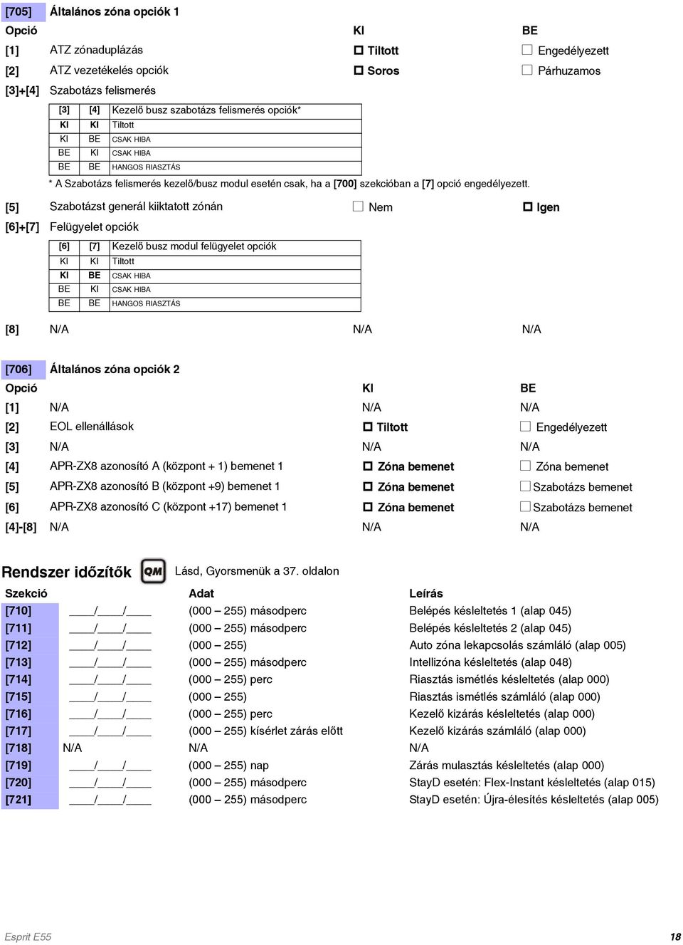 [5] Szabotázst generál kiiktatott zónán Nem Igen [6]+[7] Felügyelet opciók [6] [7] Kezelő busz modul felügyelet opciók KI KI Tiltott KI BE CSAK HIBA BE KI CSAK HIBA BE BE HANGOS RIASZTÁS [8] N/A N/A
