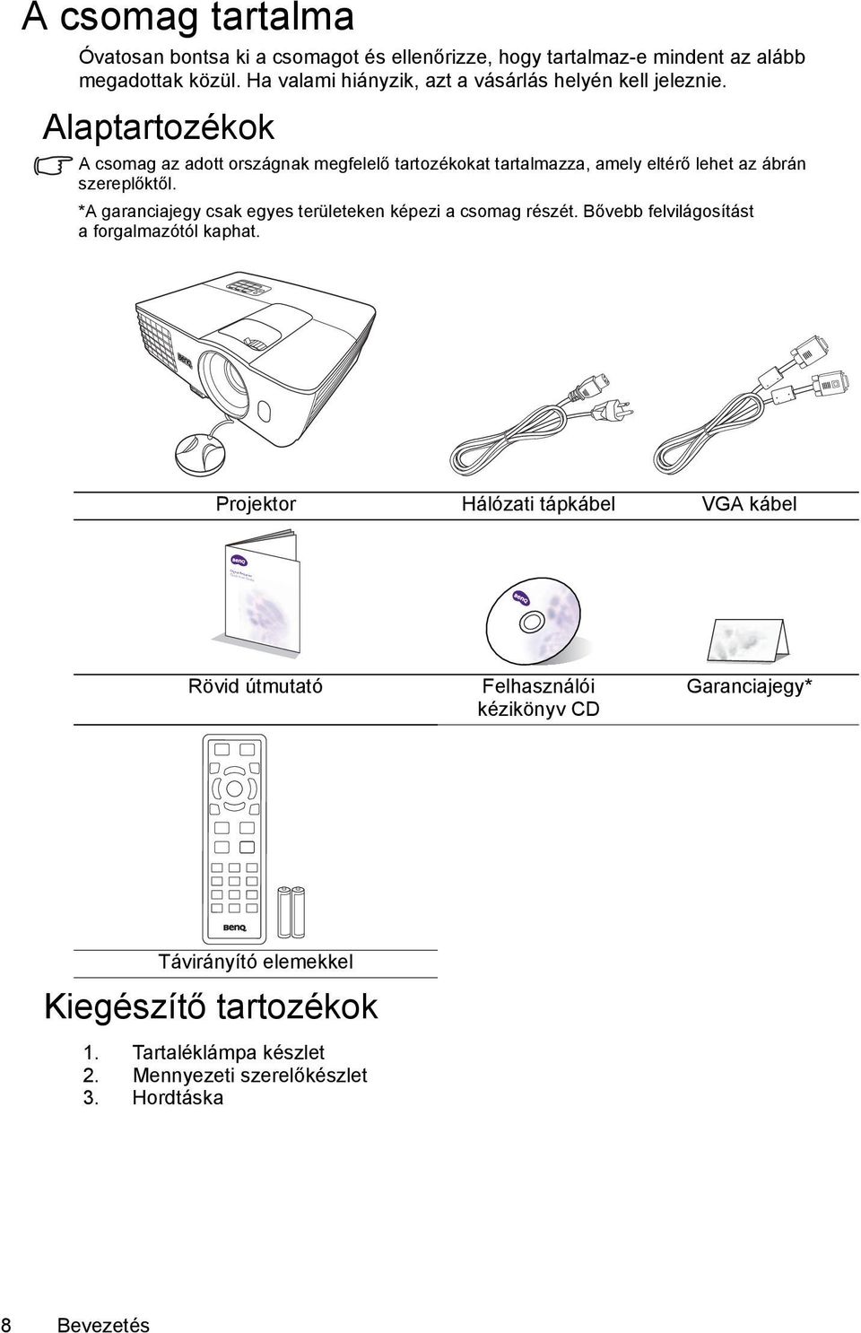 Alaptartozékok A csomag az adott országnak megfelelő tartozékokat tartalmazza, amely eltérő lehet az ábrán szereplőktől.