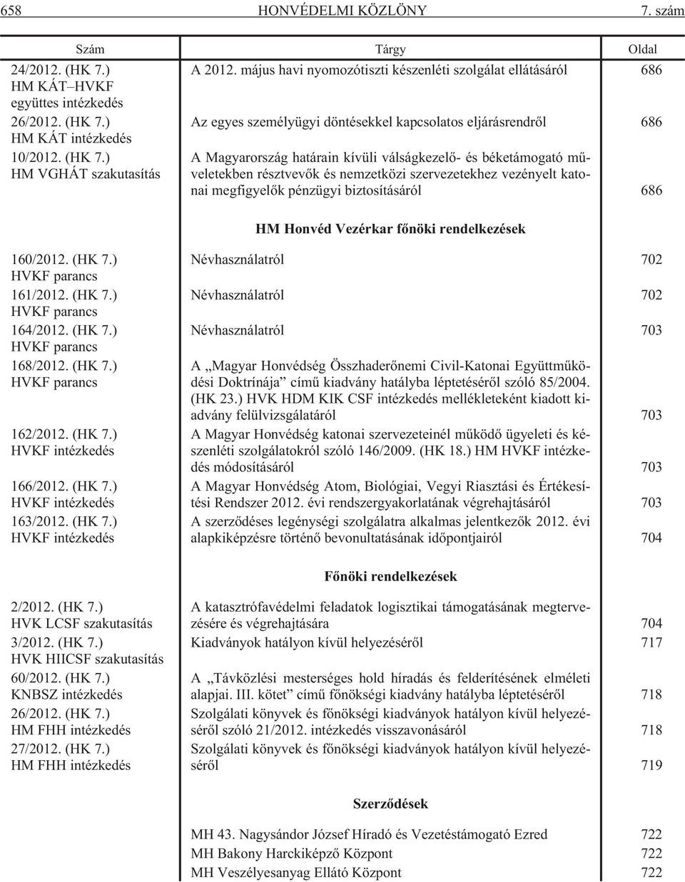 résztvevõk és nemzetközi szervezetekhez vezényelt katonai megfigyelõk pénzügyi biztosításáról 686 HM Honvéd Vezérkar fõnöki rendelkezések 160/2012. (HK 7.) HVKF parancs 161/2012. (HK 7.) HVKF parancs 164/2012.
