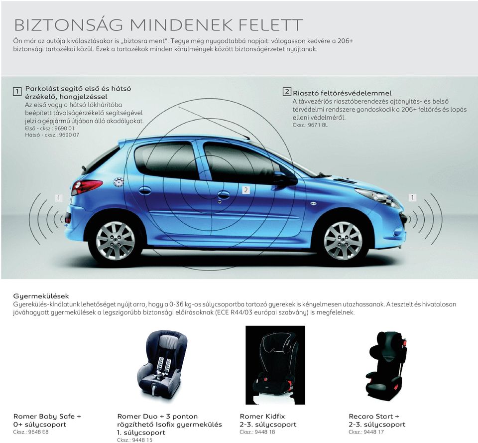 1 Parkolást segítő első és hátsó 2 Riasztó feltörésvédelemmel érzékelő, hangjelzéssel A távvezérlős riasztóberendezés ajtónyitás- és belső Az első vagy a hátsó lökhárítóba térvédelmi rendszere