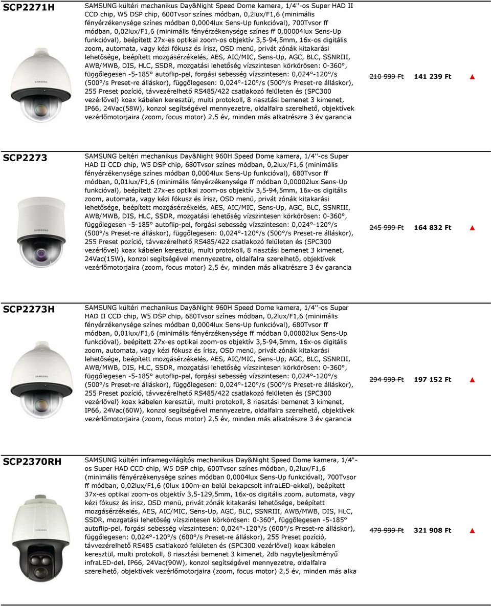 zoom, automata, vagy kézi fókusz és írisz, OSD menü, privát zónák kitakarási lehetősége, beépített mozgásérzékelés, AES, AIC/MIC, Sens-Up, AGC, BLC, SSNRIII, AWB/MWB, DIS, HLC, SSDR, mozgatási