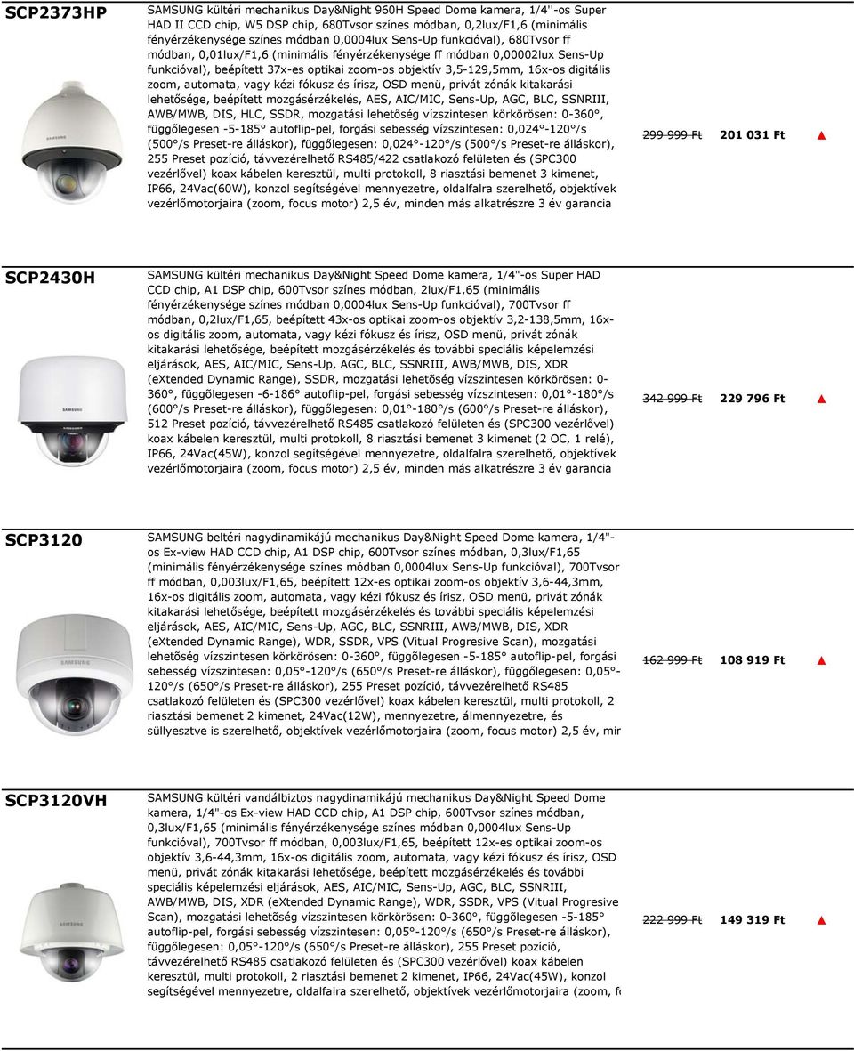 digitális zoom, automata, vagy kézi fókusz és írisz, OSD menü, privát zónák kitakarási lehetősége, beépített mozgásérzékelés, AES, AIC/MIC, Sens-Up, AGC, BLC, SSNRIII, AWB/MWB, DIS, HLC, SSDR,