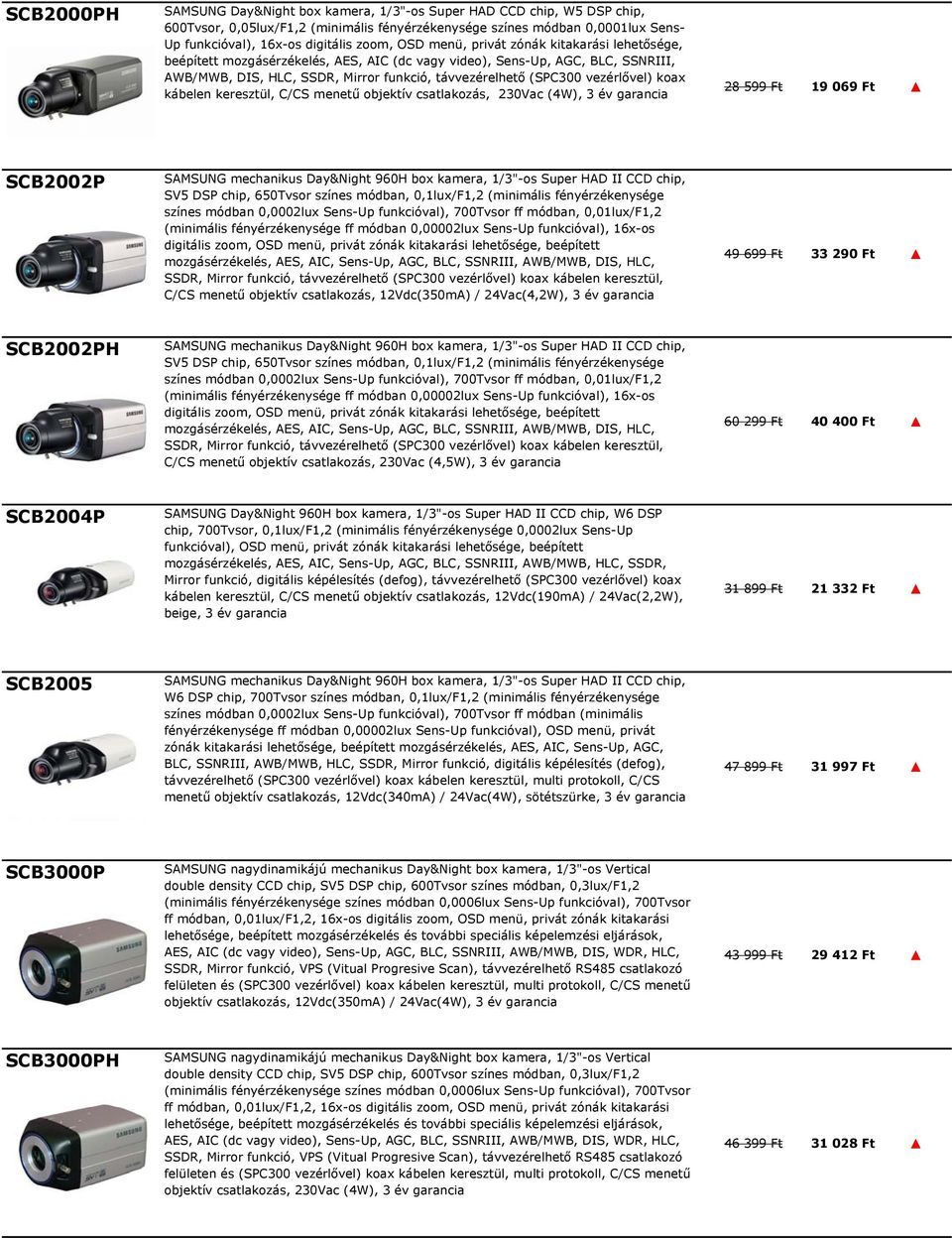 vezérlővel) koax kábelen keresztül, C/CS menetű objektív csatlakozás, 230Vac (4W), 3 év 28 599 Ft 19 069 Ft SCB2002P SAMSUNG mechanikus Day&Night 960H box kamera, 1/3"-os Super HAD II CCD chip, SV5