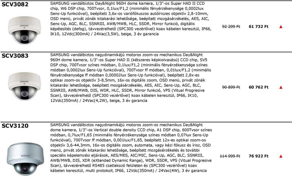 digitális képélesítés (defog), távvezérelhető (SPC300 vezérlővel) koax kábelen keresztül, IP66, IK10, 12Vdc(300mA) / 24Vac(3,5W), beige, 3 év 92 299 Ft 61 732 Ft SCV3083 SAMSUNG vandálbiztos