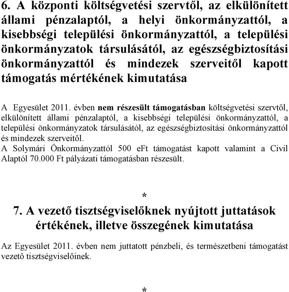 évben nem részesült támogatásban költségvetési szervtıl, elkülönített állami pénzalaptól, a kisebbségi települési önkormányzattól, a települési önkormányzatok társulásától, az egészségbiztosítási