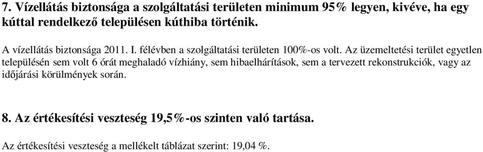 Az üzemeltetési terület egyetlen településén sem volt 6 órát meghaladó vízhiány, sem hibaelhárítások, sem a tervezett