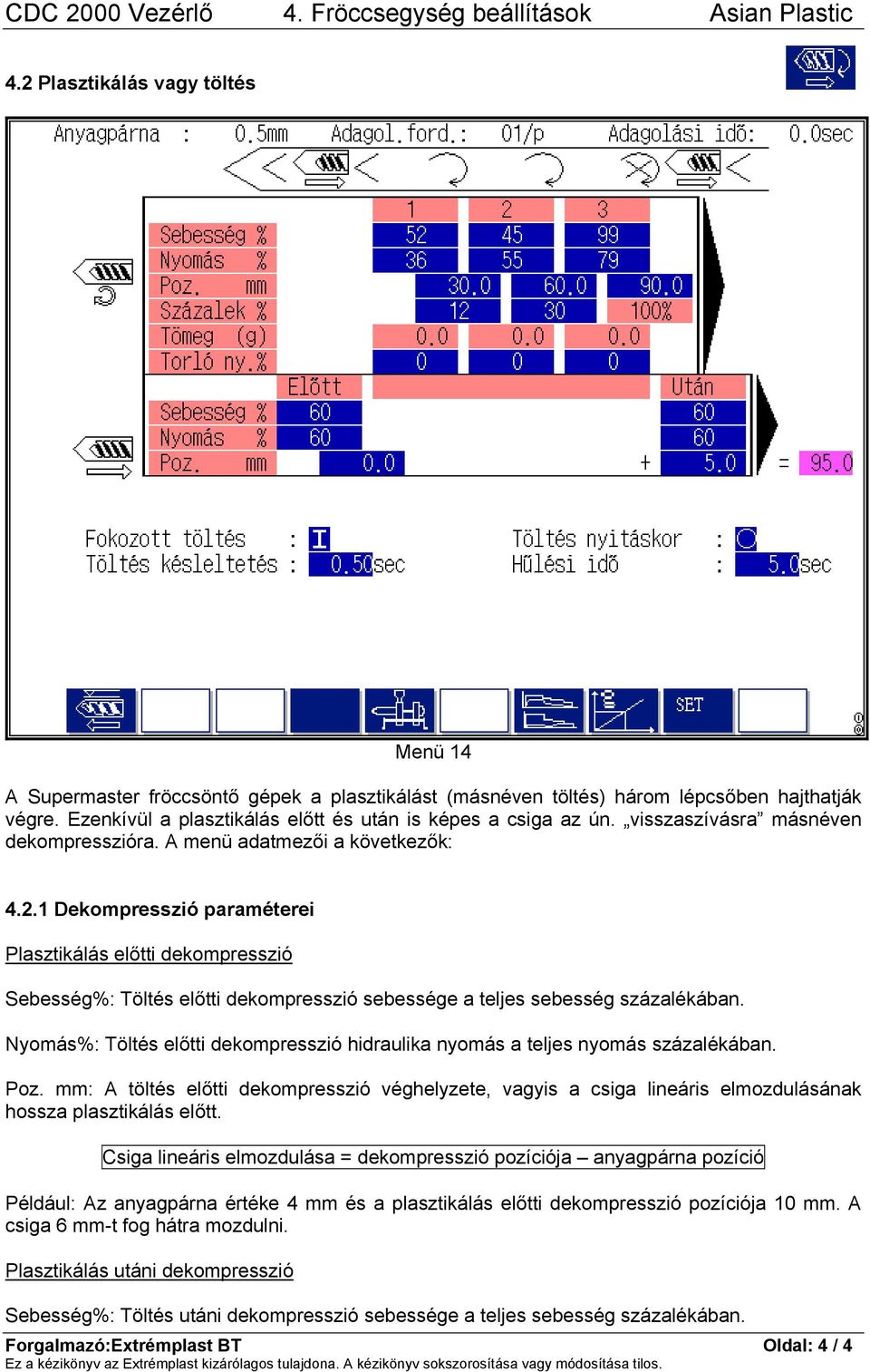 1 Dekompresszió paraméterei Plasztikálás előtti dekompresszió Sebesség%: Töltés előtti dekompresszió sebessége a teljes sebesség százalékában.