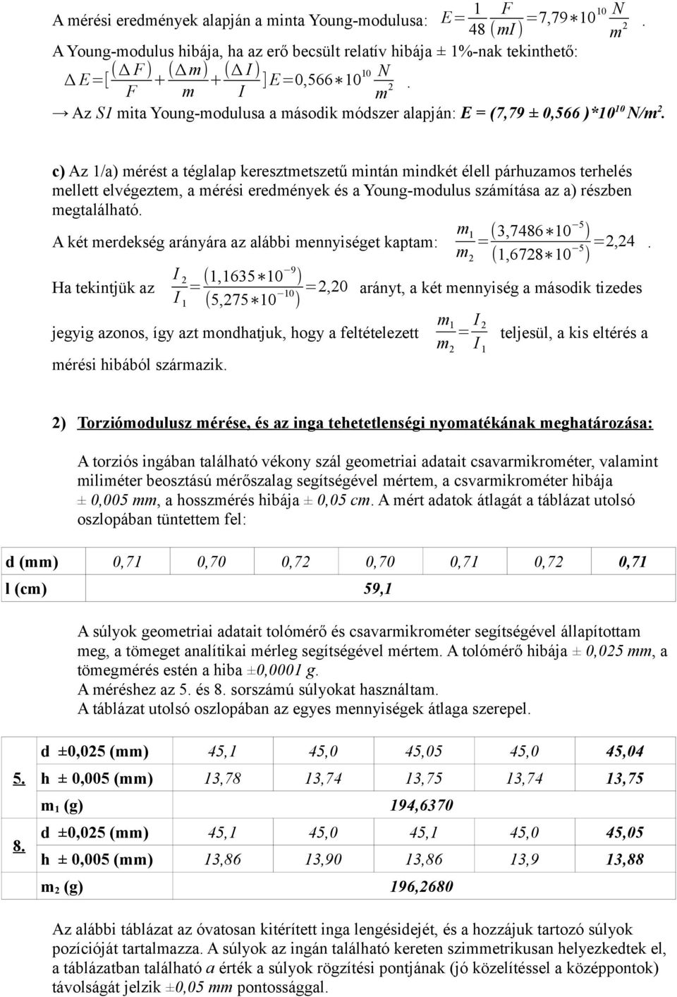 Az S1 mita Young-modulusa a második módszer alapján: E = (7,79 ± 0,566 )*10 10 N/m 2.