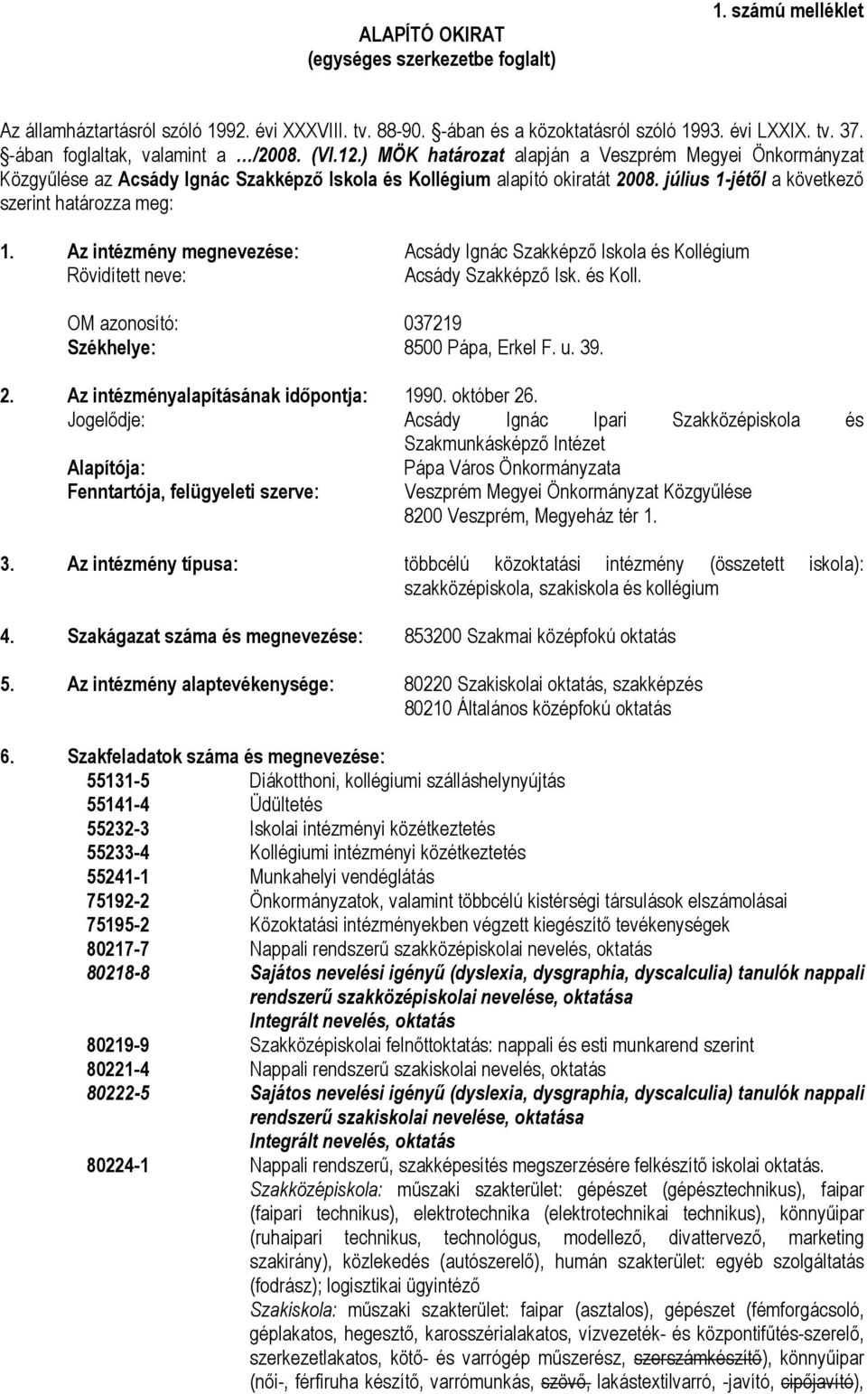 július 1-jétől a következő szerint határozza meg: 1. Az intézmény megnevezése: Acsády Ignác Szakképző Iskola és Kollégium Rövidített neve: Acsády Szakképző Isk. és Koll. OM azonosító: 037219 Székhelye: 8500 Pápa, Erkel F.