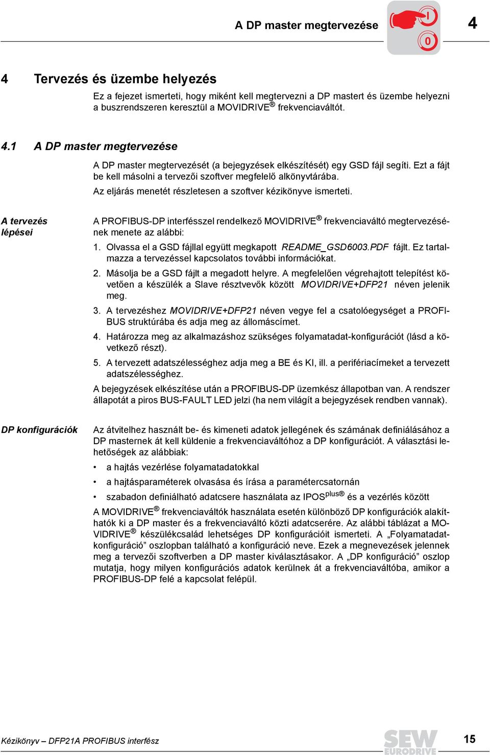 Az eljárás menetét részletesen a szoftver kézikönyve ismerteti. A tervezés lépései A PROFIBUS-DP interfésszel rendelkező MOVIDRIVE frekvenciaváltó megtervezésének menete az alábbi: 1.