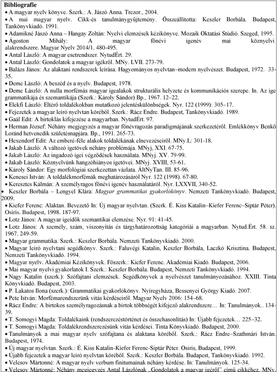 Antal László: A magyar esetrendszer. NytudÉrt. 29. Antal László: Gondolatok a magyar igékről. MNy. LVII. 273-79. Balázs János: Az alaktani rendszerek leírása. Hagyományos nyelvtan modern nyelvészet.