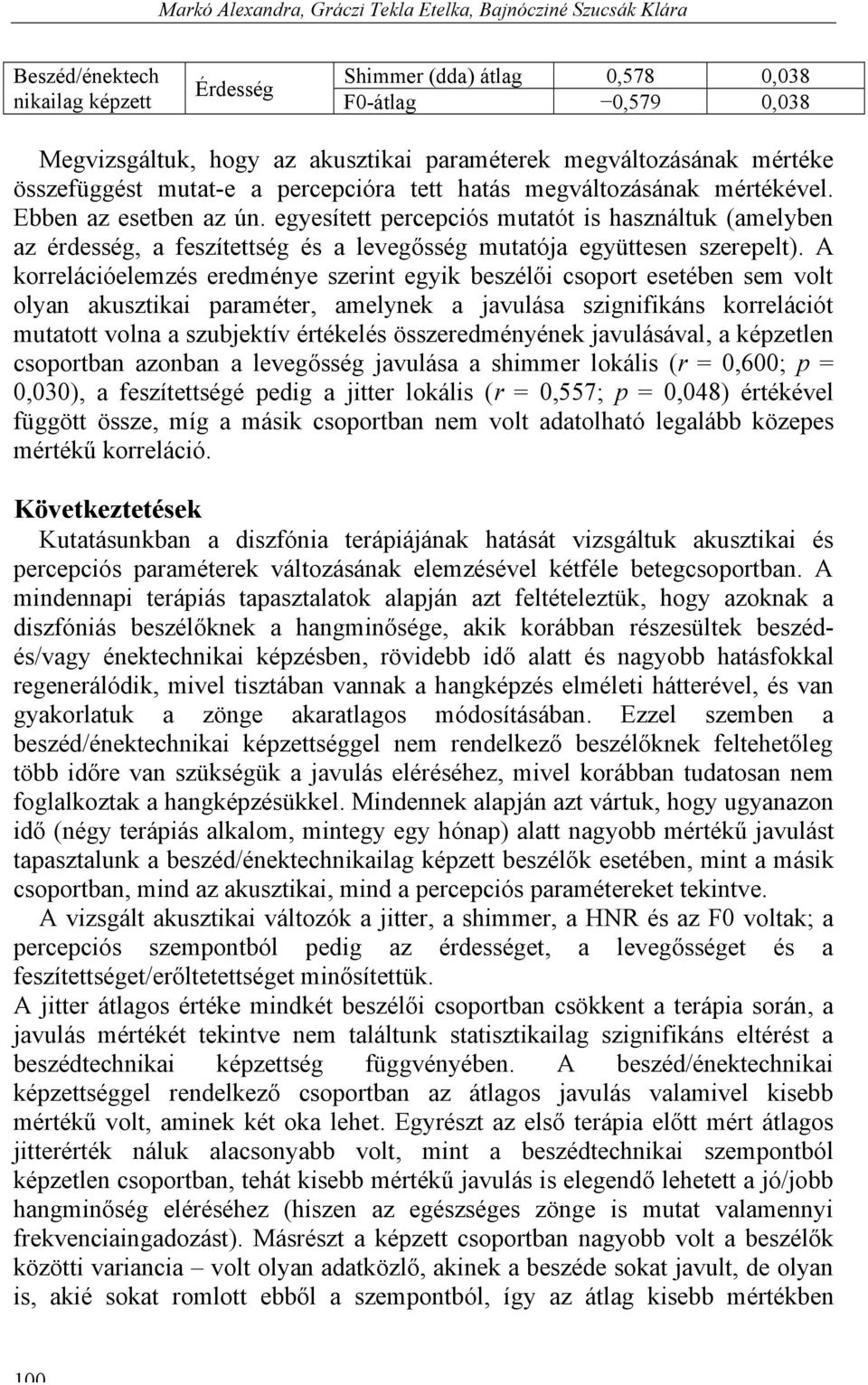 egyesített percepciós mutatót is használtuk (amelyben az érdesség, a feszítettség és a levegősség mutatója együttesen szerepelt).