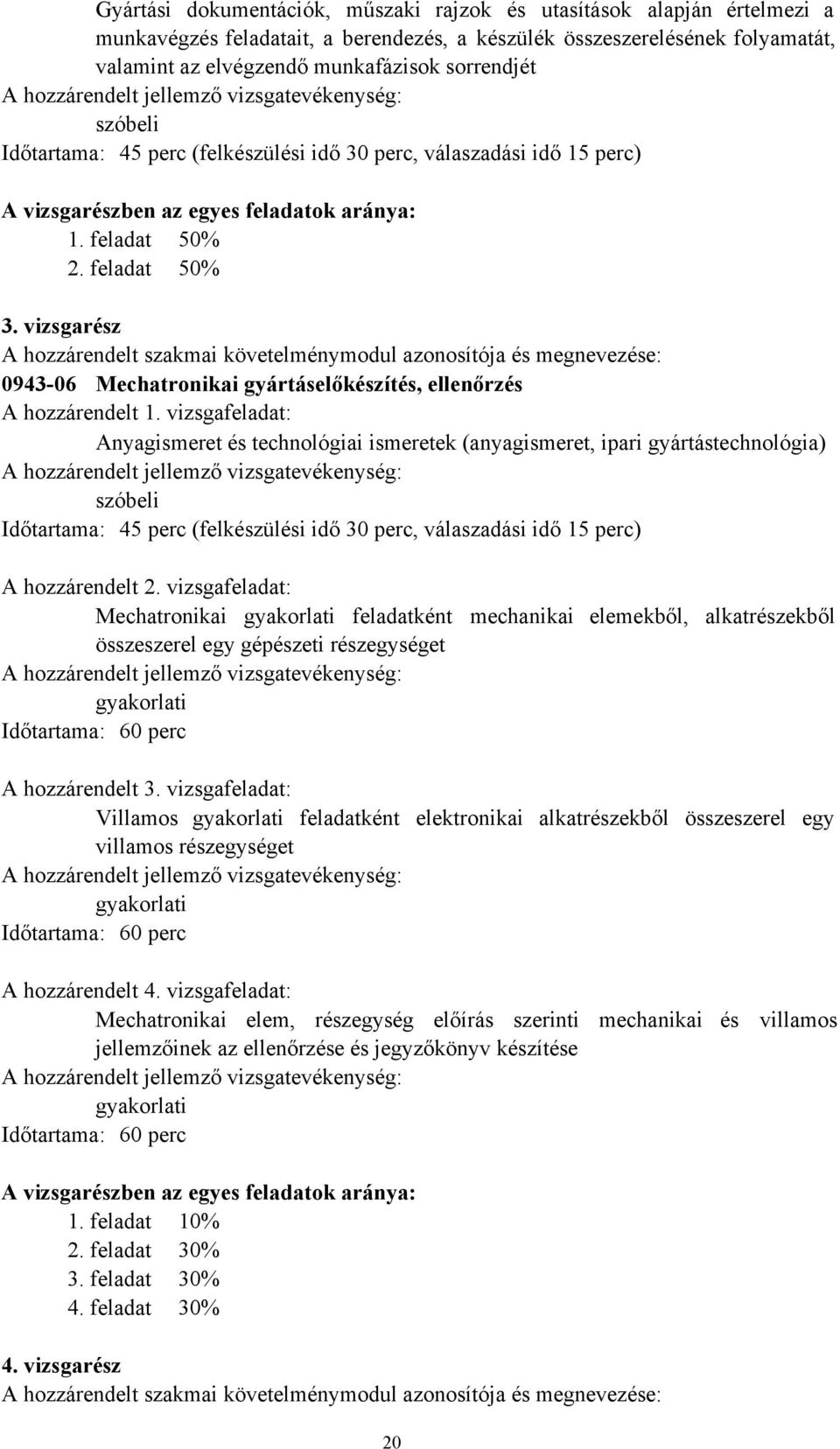 vizsgarész A hozzárendelt szakmai követelménymodul azonosítója és megnevezése: 0943-06 Mechatronikai gyártáselőkészítés, ellenőrzés A hozzárendelt 1.