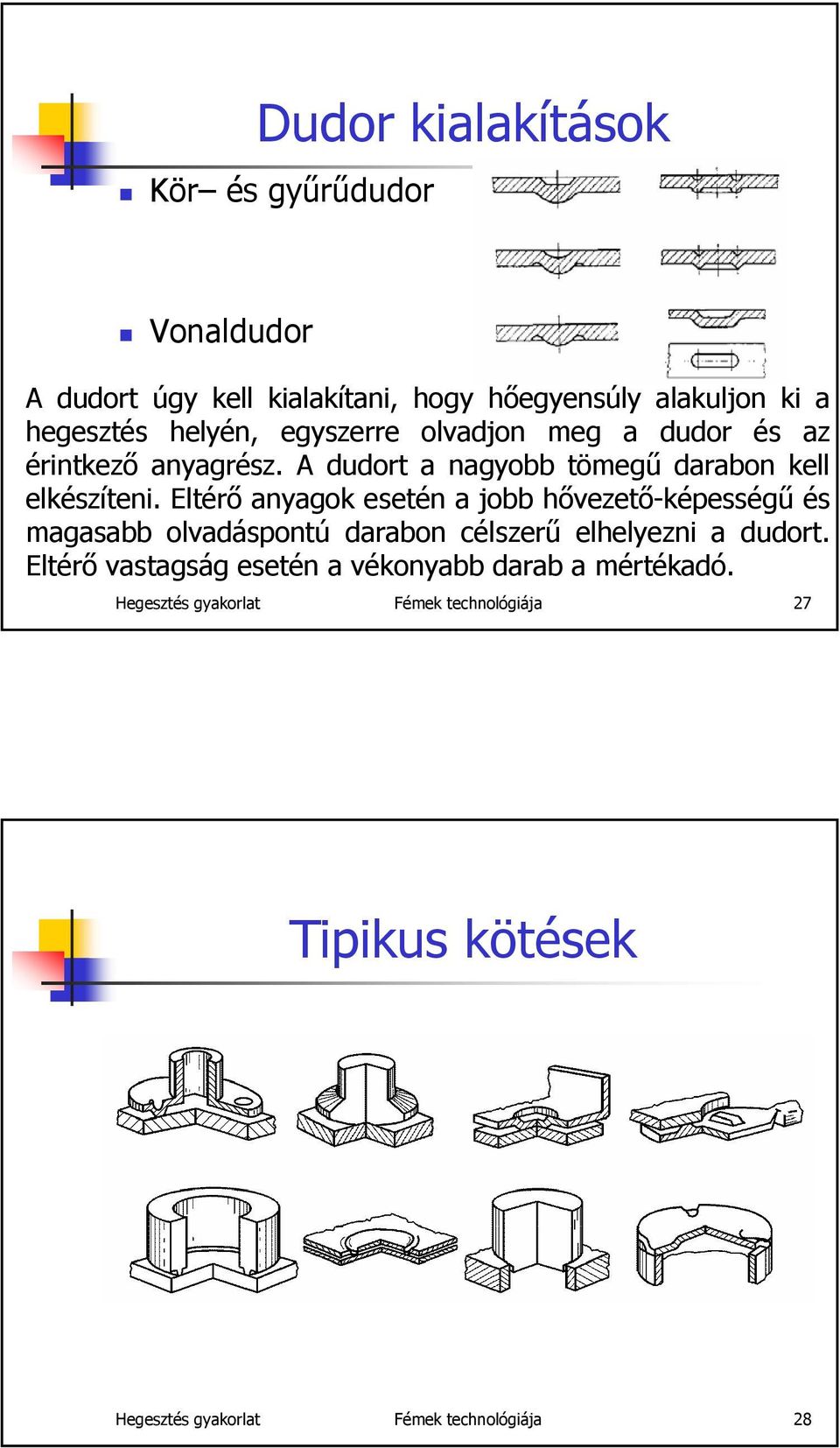 Eltérő anyagok esetén a jobb hővezető-képességű és magasabb olvadáspontú darabon célszerű elhelyezni a dudort.