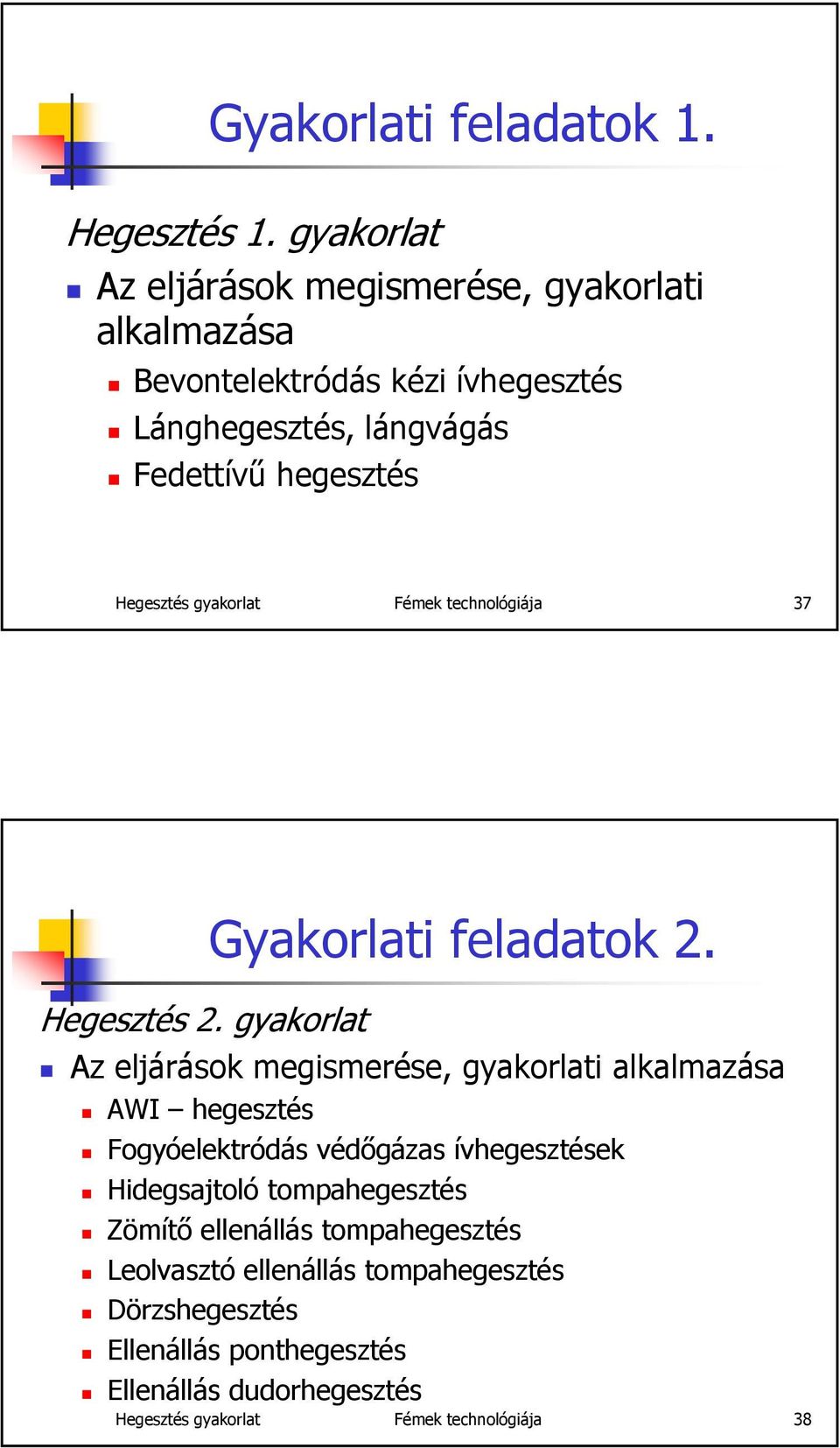 Hegesztés gyakorlat Fémek technológiája 37 Gyakorlati feladatok 2. Hegesztés 2.