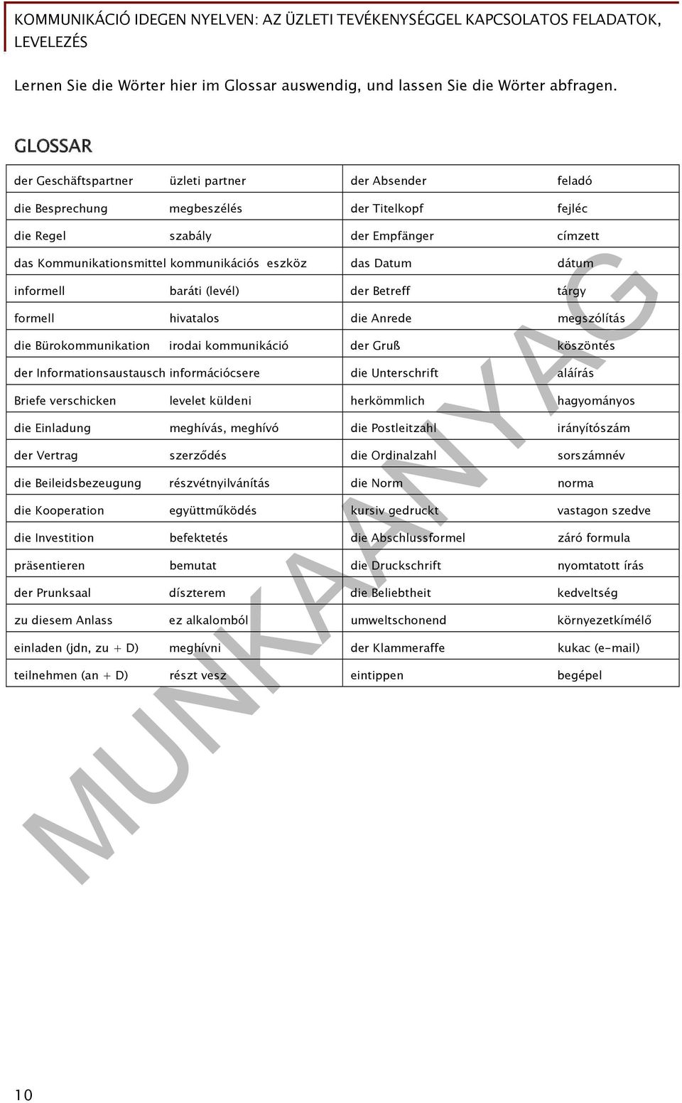 das Datum dátum informell baráti (levél) der Betreff tárgy formell hivatalos die Anrede megszólítás die Bürokommunikation irodai kommunikáció der Gruß köszöntés der Informationsaustausch