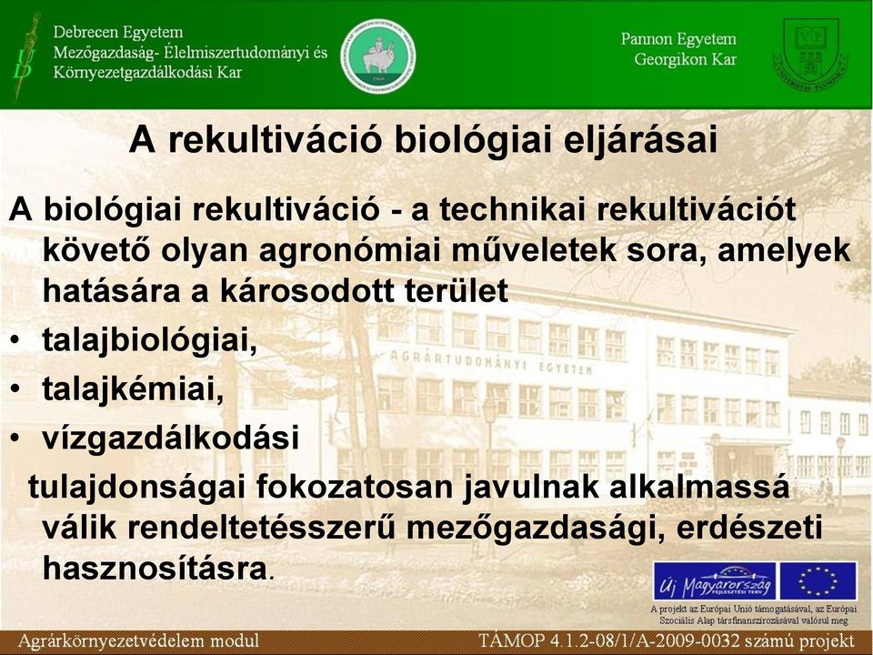 károsodott terület talajbiológiai, talajkémiai, vízgazdálkodási tulajdonságai