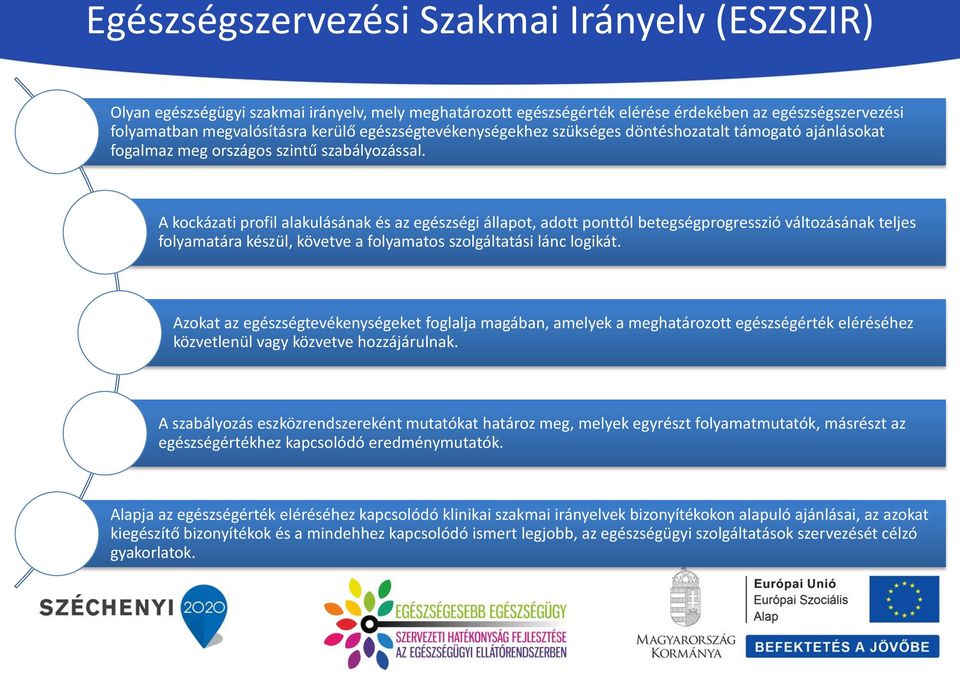 A kockázati profil alakulásának és az egészségi állapot, adott ponttól betegségprogresszió változásának teljes folyamatára készül, követve a folyamatos szolgáltatási lánc logikát.