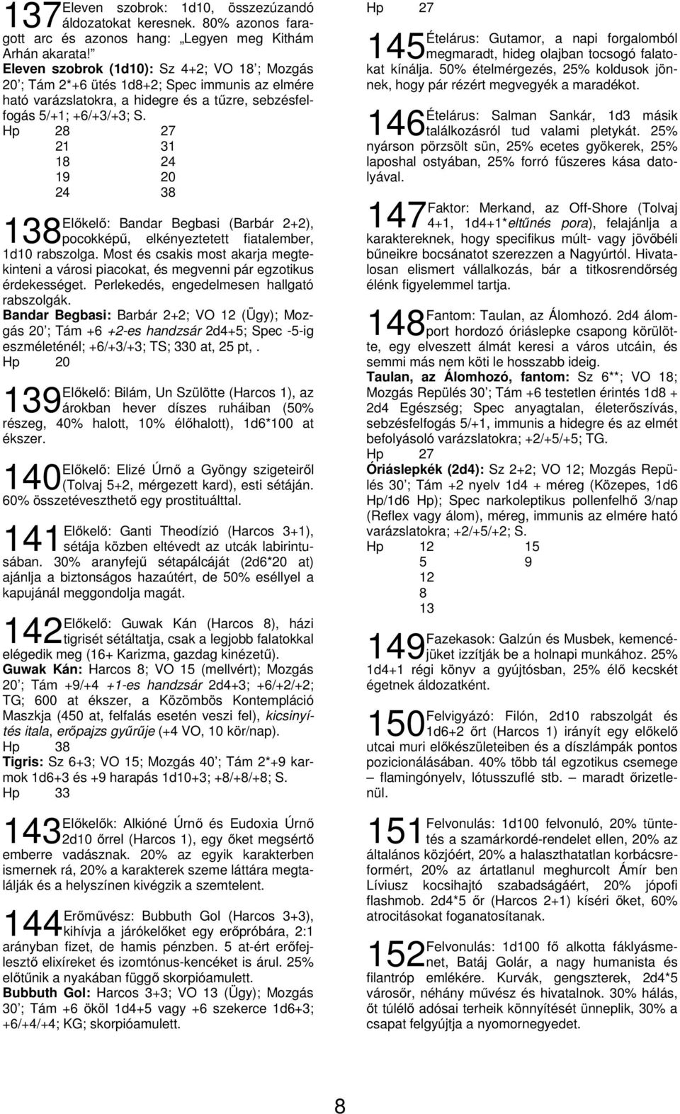 Hp 28 27 21 31 18 24 19 20 24 38 138 Előkelő: Bandar Begbasi (Barbár 2+2), pocokképű, elkényeztetett fiatalember, 1d10 rabszolga.