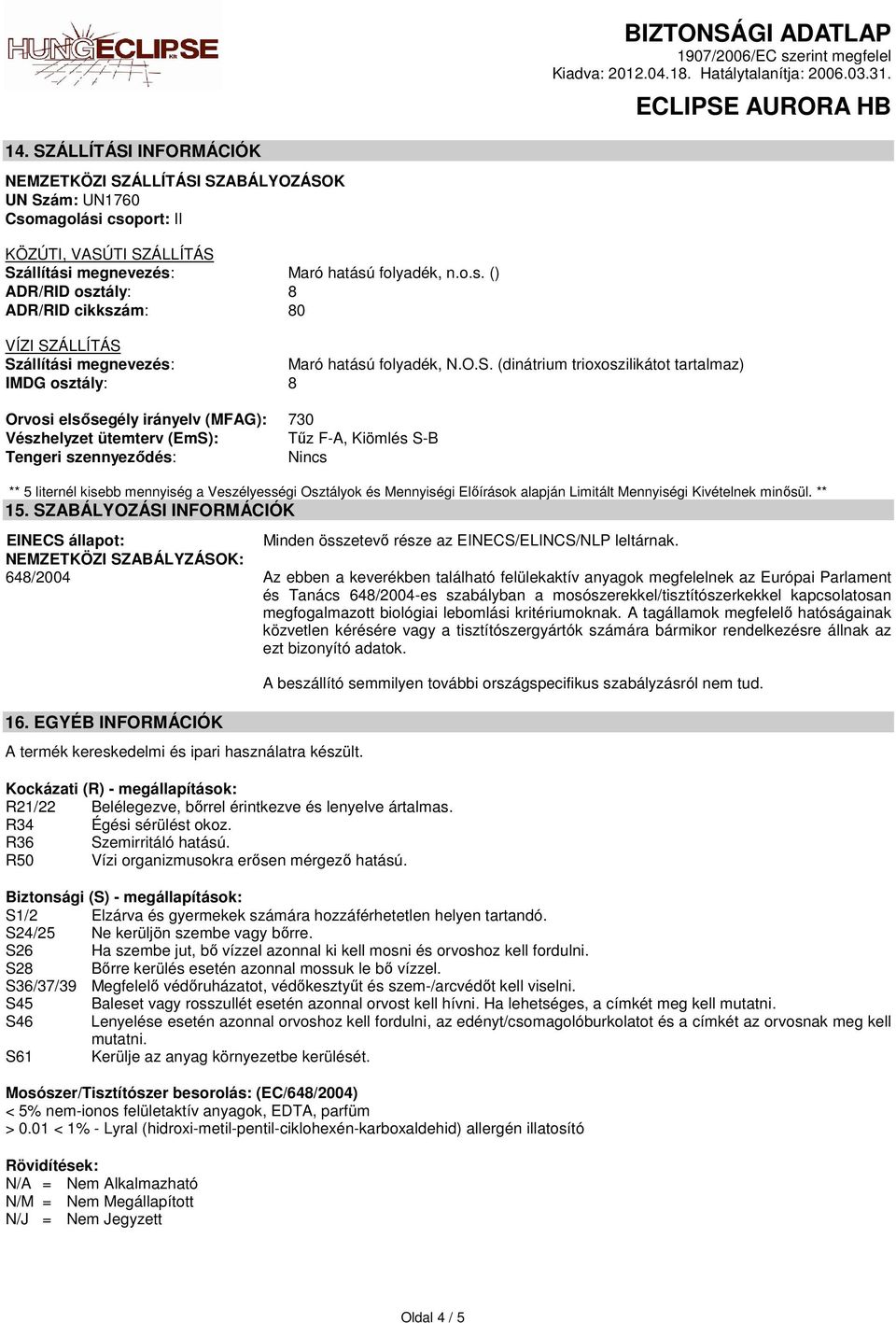 mennyiség a Veszélyességi Osztályok és Mennyiségi Előírások alapján Limitált Mennyiségi Kivételnek minősül. ** 15.