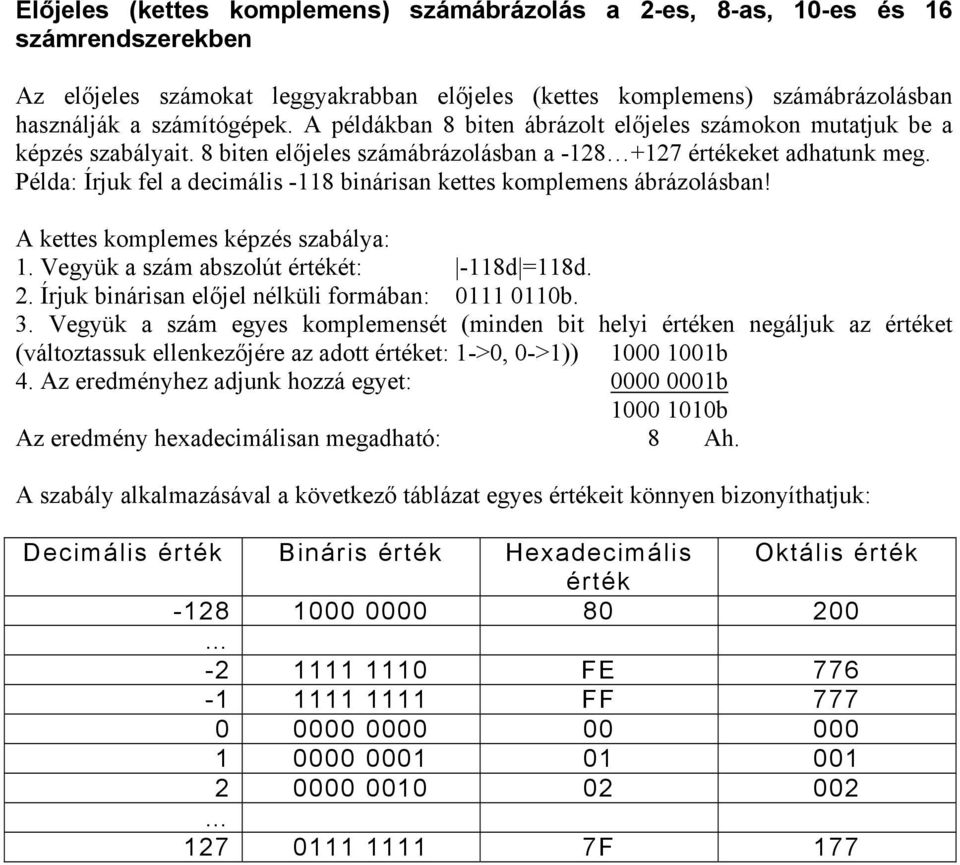 Példa: Írjuk fel a decimális -118 binárisan kettes komplemens ábrázolásban! A kettes komplemes képzés szabálya: 1. Vegyük a szám abszolút értékét: -118d =118d. 2.