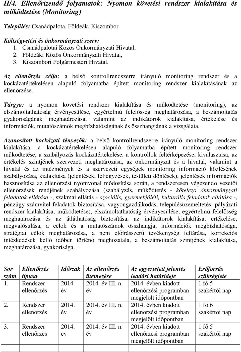 Az célja: a belső kontrollrendszerre irányuló monitoring rendszer és a kockázatértékelésen alapuló folyamatba épített monitoring rendszer kialakításának az e.