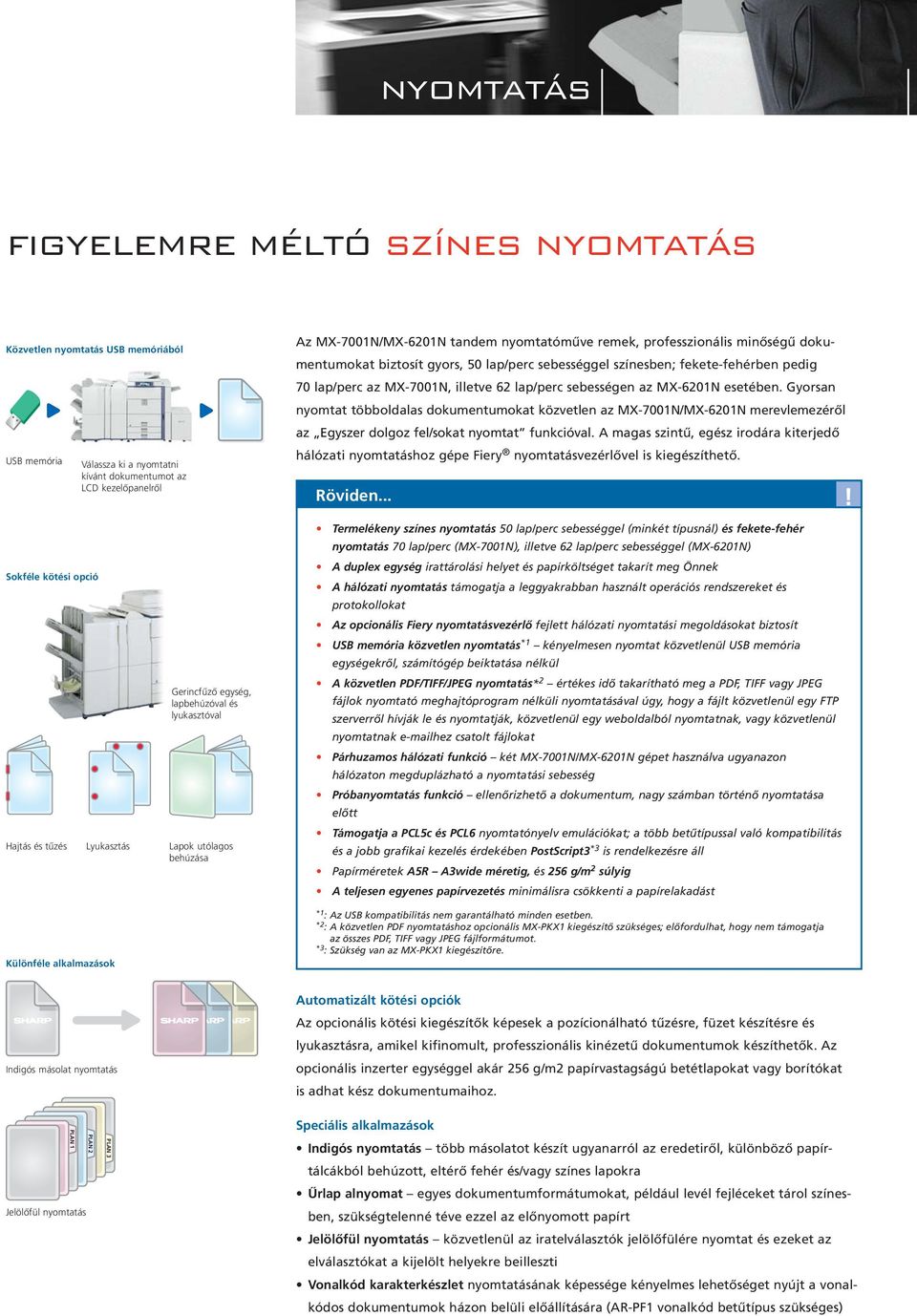 biztosít gyors, 50 lap/perc sebességgel színesben; fekete-fehérben pedig 70 lap/perc az MX-7001N, illetve 62 lap/perc sebességen az MX-6201N esetében.