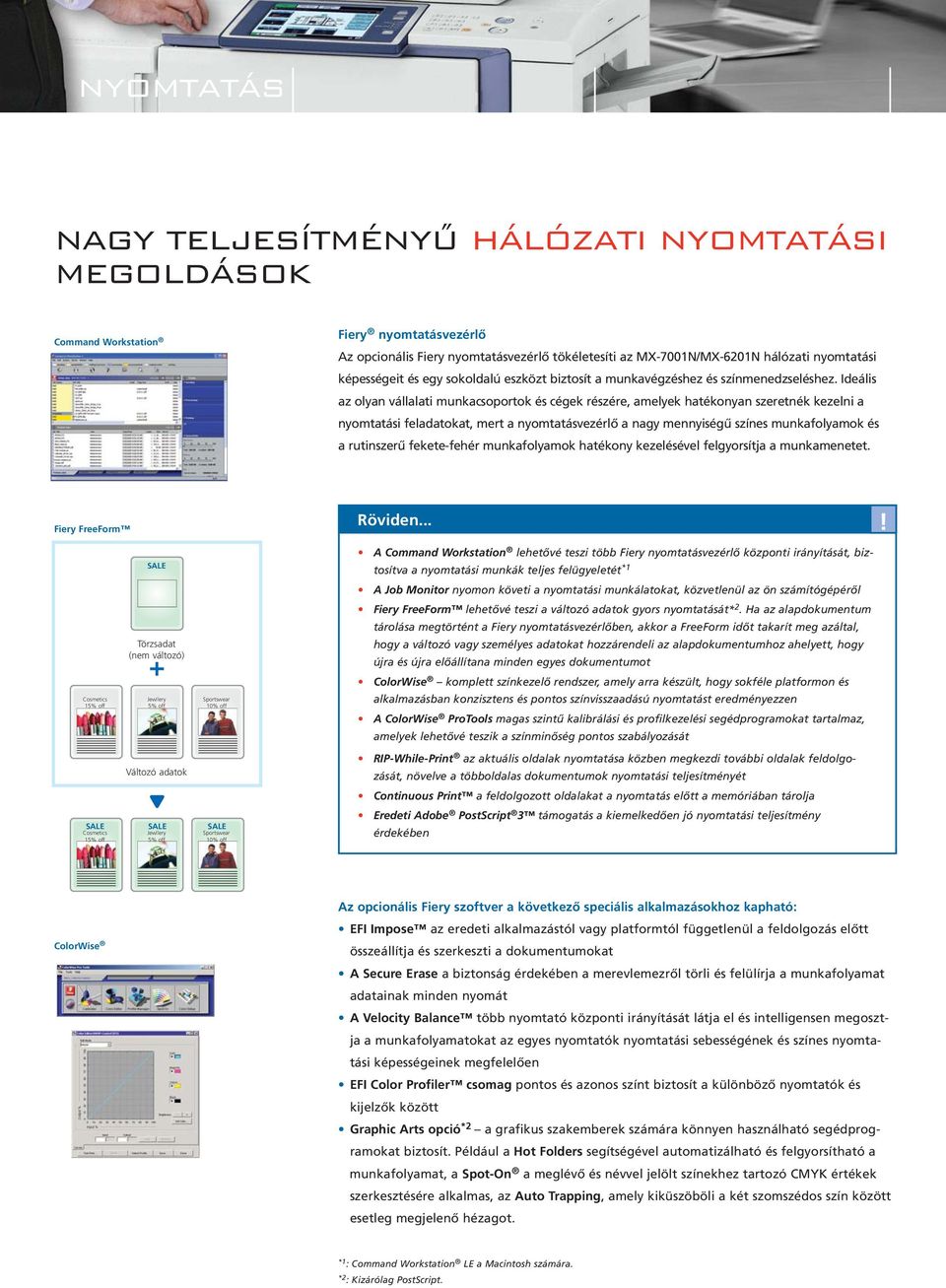 Ideális az olyan vállalati munkacsoportok és cégek részére, amelyek hatékonyan szeretnék kezelni a nyomtatási feladatokat, mert a nyomtatásvezérlő a nagy mennyiségű színes munkafolyamok és a