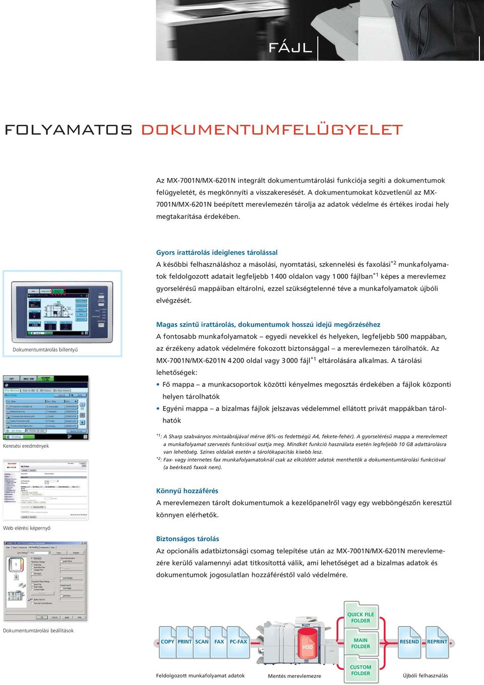 Gyors irattárolás ideiglenes tárolással A későbbi felhasználáshoz a másolási, nyomtatási, szkennelési és faxolási *2 munkafolya matok feldolgozott adatait legfeljebb 1 400 oldalon vagy 1 000 fájlban