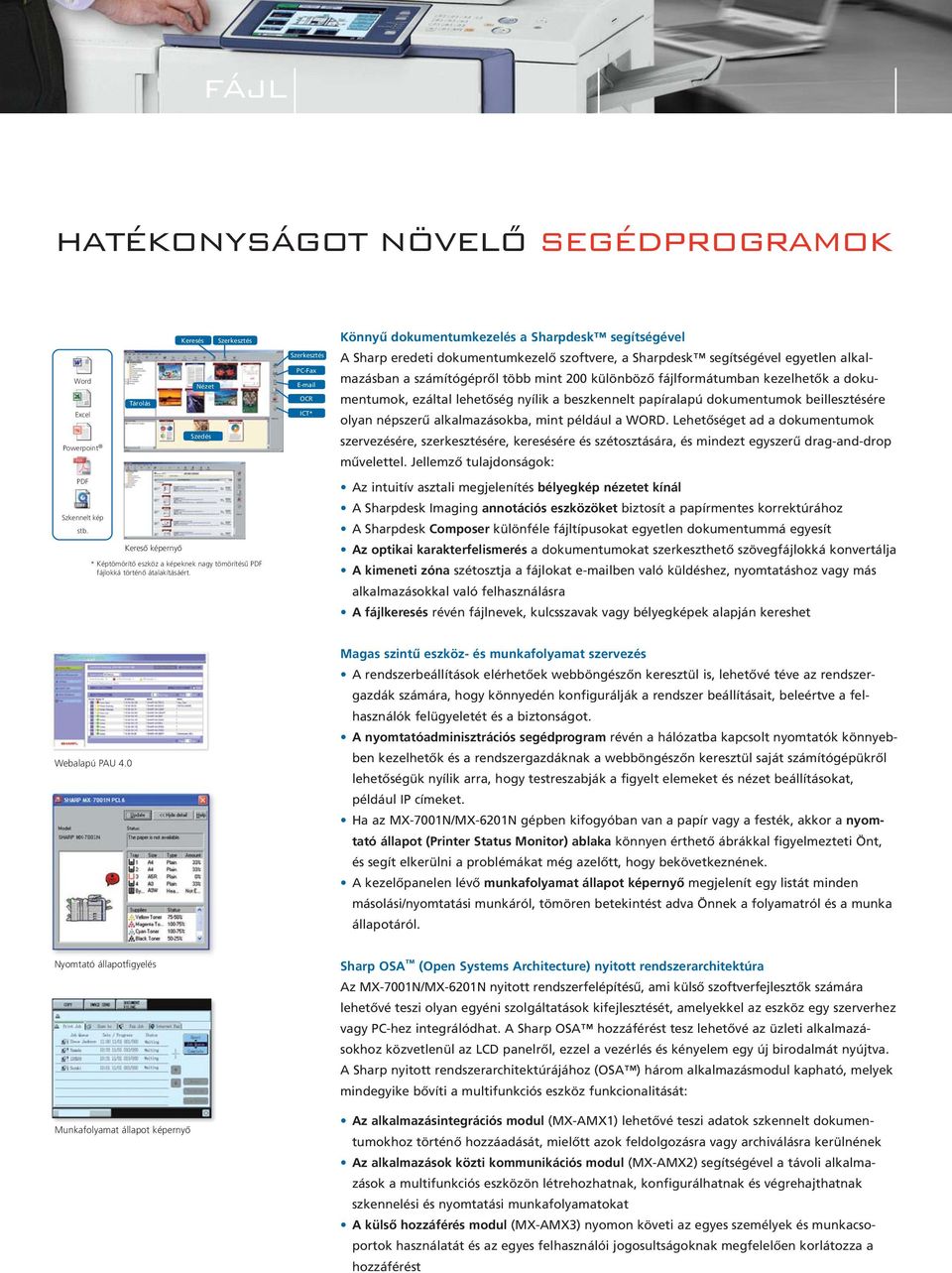 Szerkesztés PC-Fax E-mail OCR ICT* Könnyű dokumentumkezelés a Sharpdesk segítségével A Sharp eredeti dokumentumkezelő szoftvere, a Sharpdesk segítségével egyetlen alkalmazásban a számítógépről több