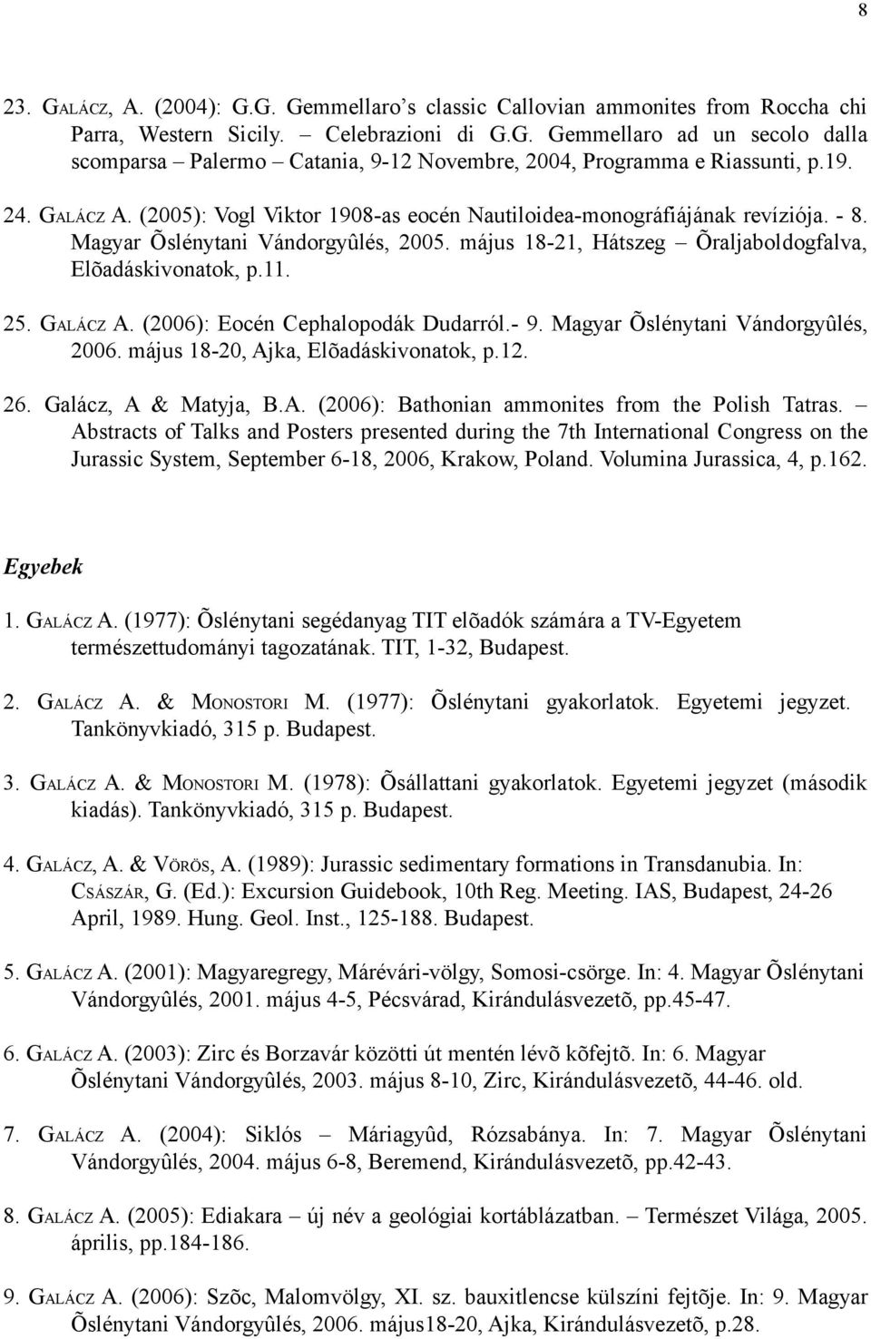 25. GALÁCZ A. (2006): Eocén Cephalopodák Dudarról.- 9. Magyar Õslénytani Vándorgyûlés, 2006. május 18-20, Ajka, Elõadáskivonatok, p.12. 26. Galácz, A & Matyja, B.A. (2006): Bathonian ammonites from the Polish Tatras.