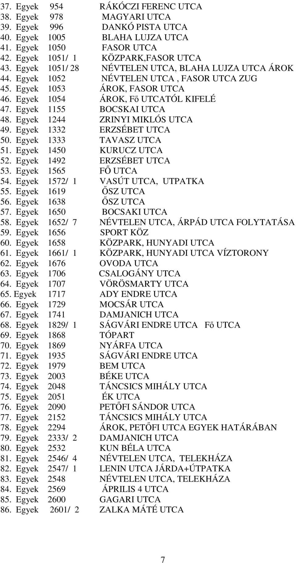 Egyek 1244 ZRINYI MIKLÓS UTCA 49. Egyek 1332 ERZSÉBET UTCA 50. Egyek 1333 TAVASZ UTCA 51. Egyek 1450 KURUCZ UTCA 52. Egyek 1492 ERZSÉBET UTCA 53. Egyek 1565 FŐ UTCA 54.