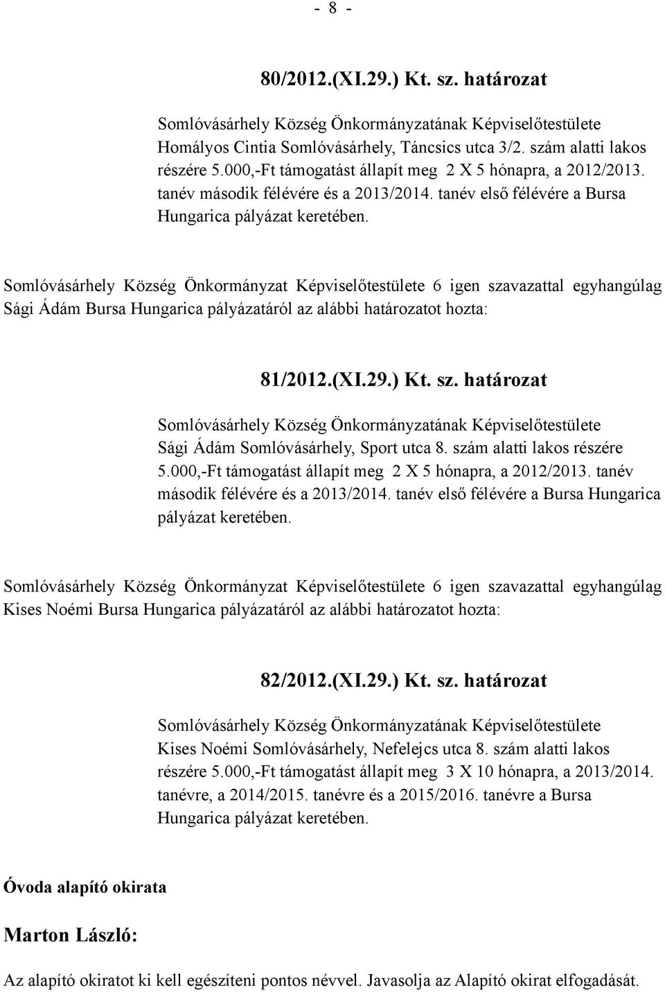 Somlóvásárhely Község Önkormányzat Képviselőtestülete 6 igen szavazattal egyhangúlag Sági Ádám Bursa Hungarica pályázatáról az alábbi határozatot hozta: 81/2012.(XI.29.) Kt. sz. határozat Somlóvásárhely Község Önkormányzatának Képviselőtestülete Sági Ádám Somlóvásárhely, Sport utca 8.