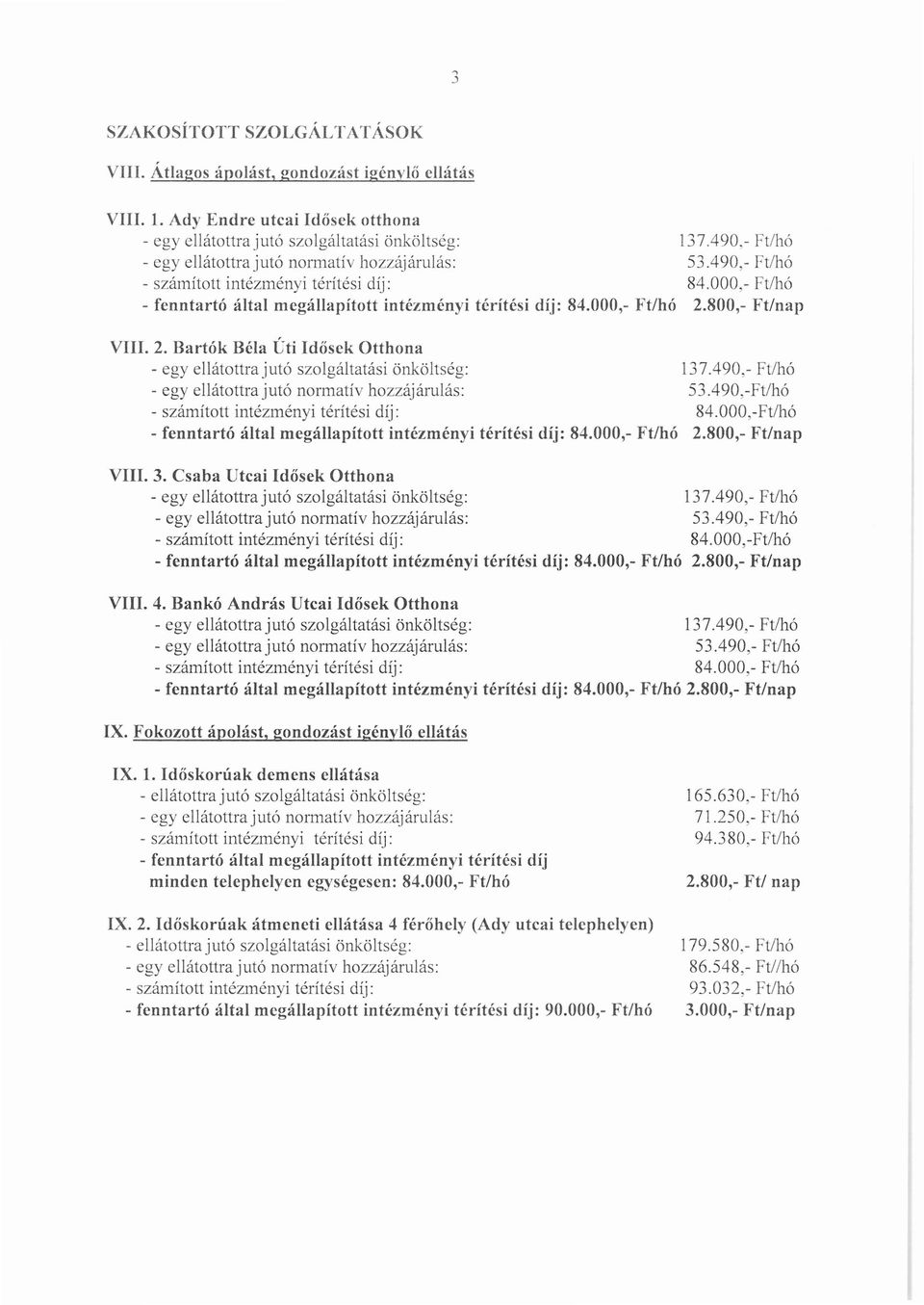 Bartók Béla Úti Idősek Otthona - egyellátottra jutó szolgáltatási önköltség: - egyellátottra jutó nonnatív hozzájárulás: 84.000,- Ft/hó 137.490,- Ft/hó 53.490,- Ft/hó 84.000,- Ft/hó 2.
